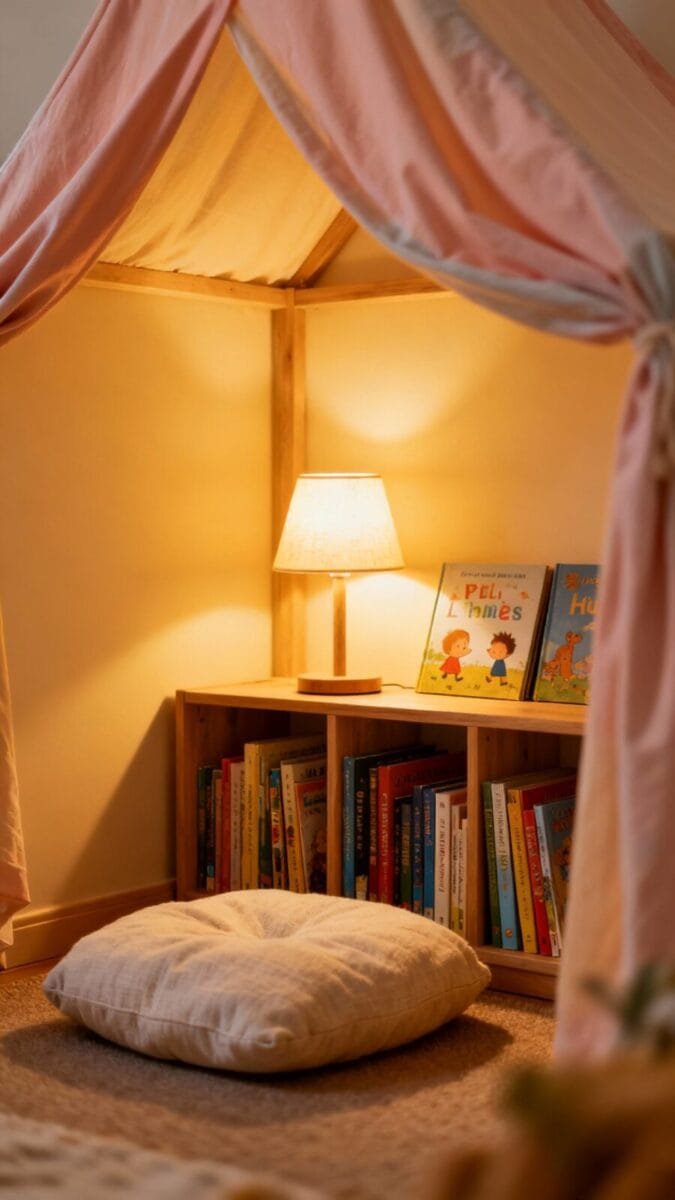 Detail shot of kids’ reading nook: low bookshelf, warm lamp, floor cushion, canopy fabric