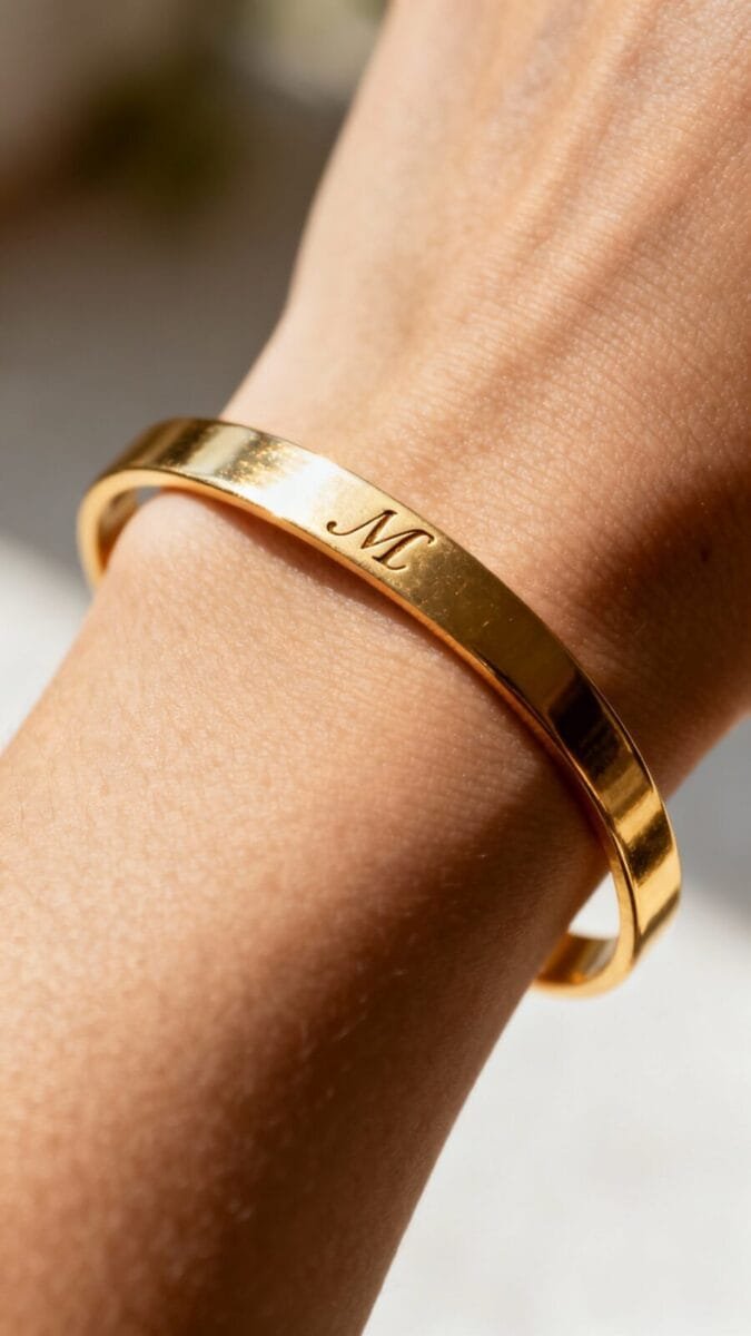 Engraved gold bracelet on wrist, initials, soft natural light