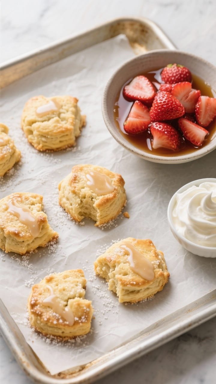 Overhead cooking-process shot showing freshly baked biscuits cooling after the quick fold-and-cut me