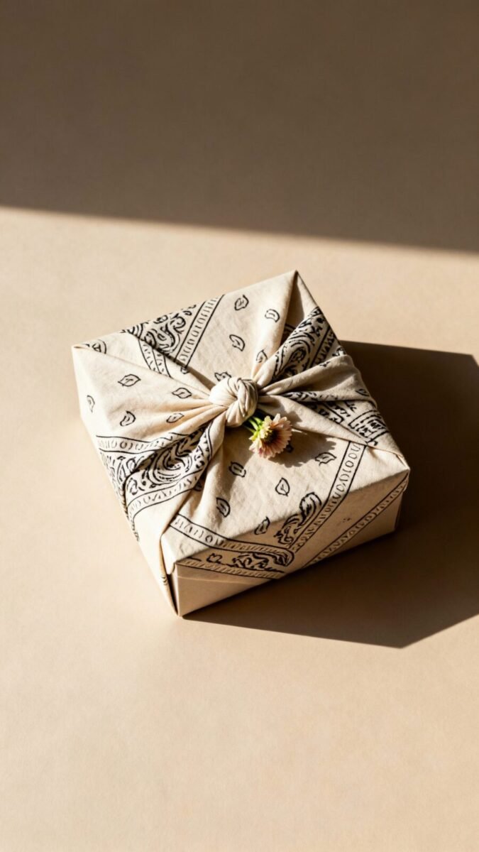 Overhead furoshiki wrap, patterned bandana knot, square box, tucked flower