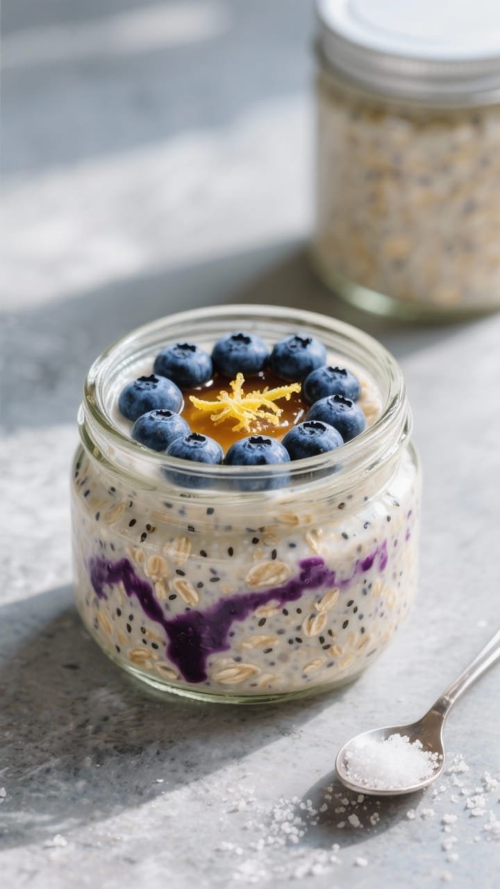 Overhead shot of a prepared jar of blueberry overnight oats just after the morning “check-in,” c
