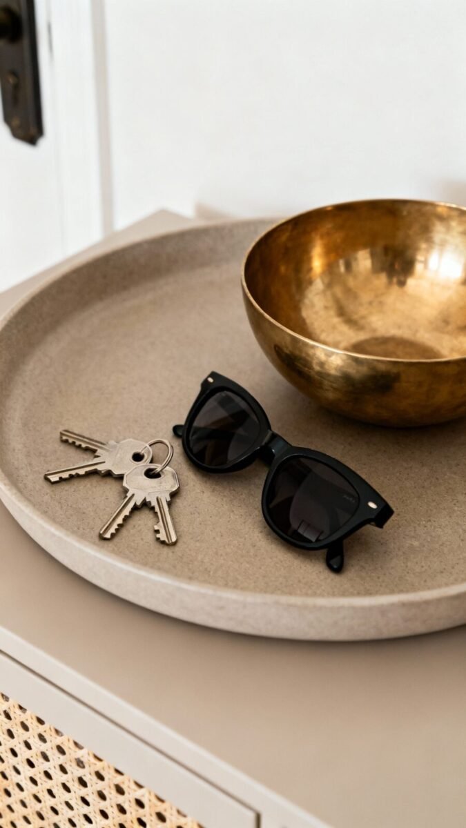 Shallow tray on entry console holding keys, sunglasses, brass bowl