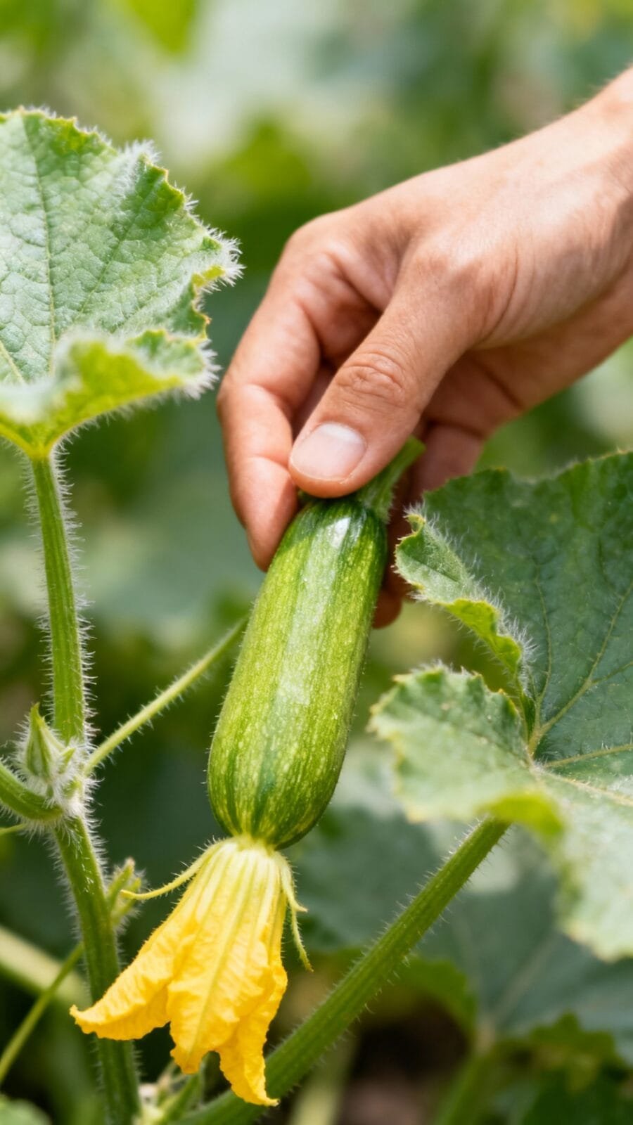 Small zucchini on vine, fuzzy leaves, yellow blossom, hand harvesting