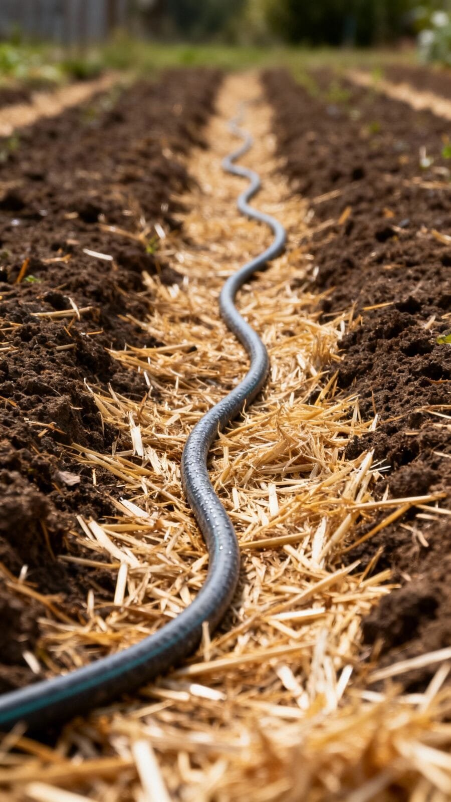 Soaker hose snaking between mulched rows, straw texture, low angle