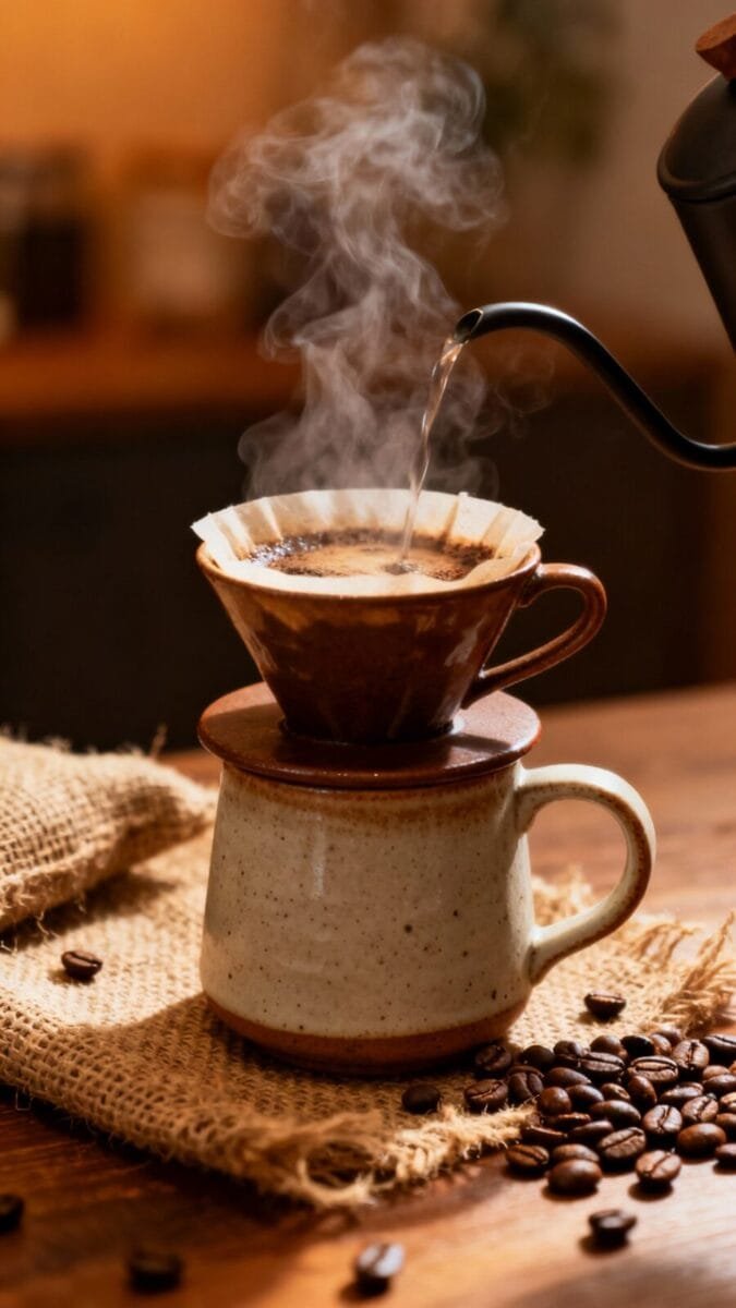 Steaming pour-over coffee setup, ceramic mug, burlap beans