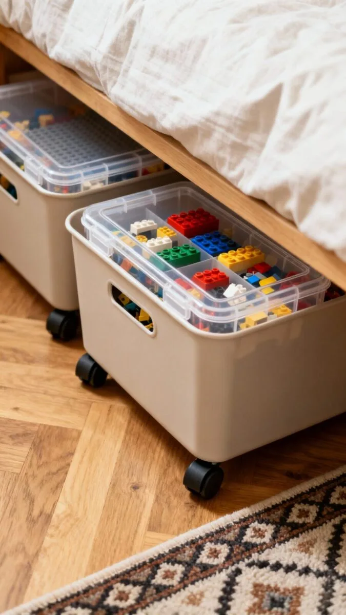 Under-bed rolling bins with Lego organizers, clear tackle boxes, wooden floor, patterned rug edge