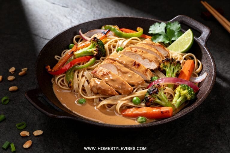 Easy Thai Peanut Chicken: Creamy One-Pan Stir Fry with Veggies and Rice Noodles