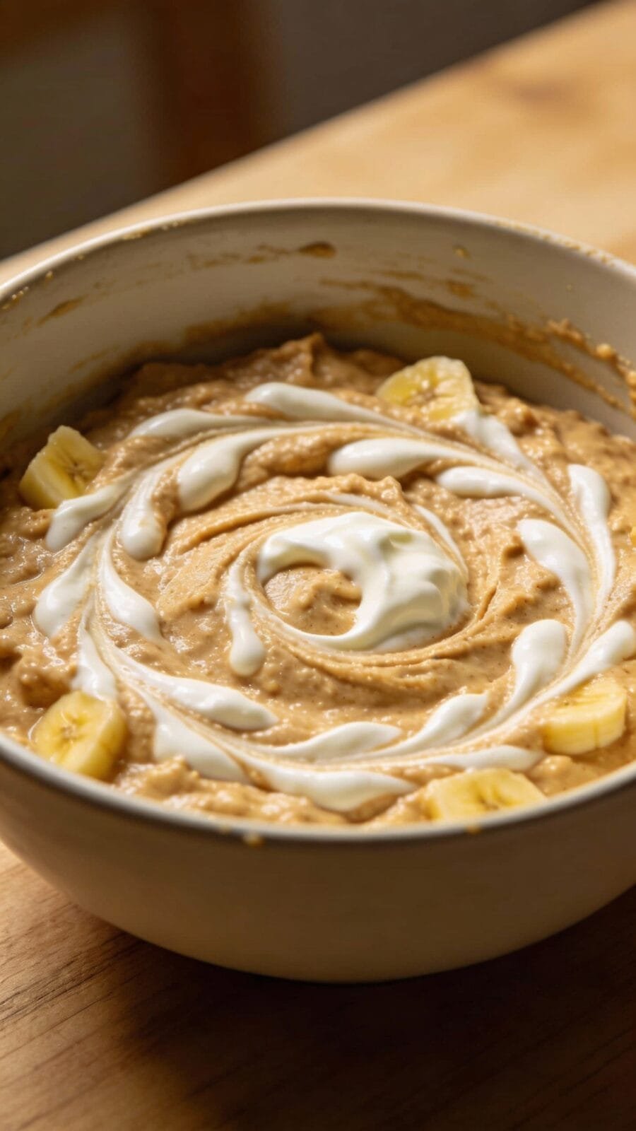 One-bowl banana bread batter with Greek yogurt swirl