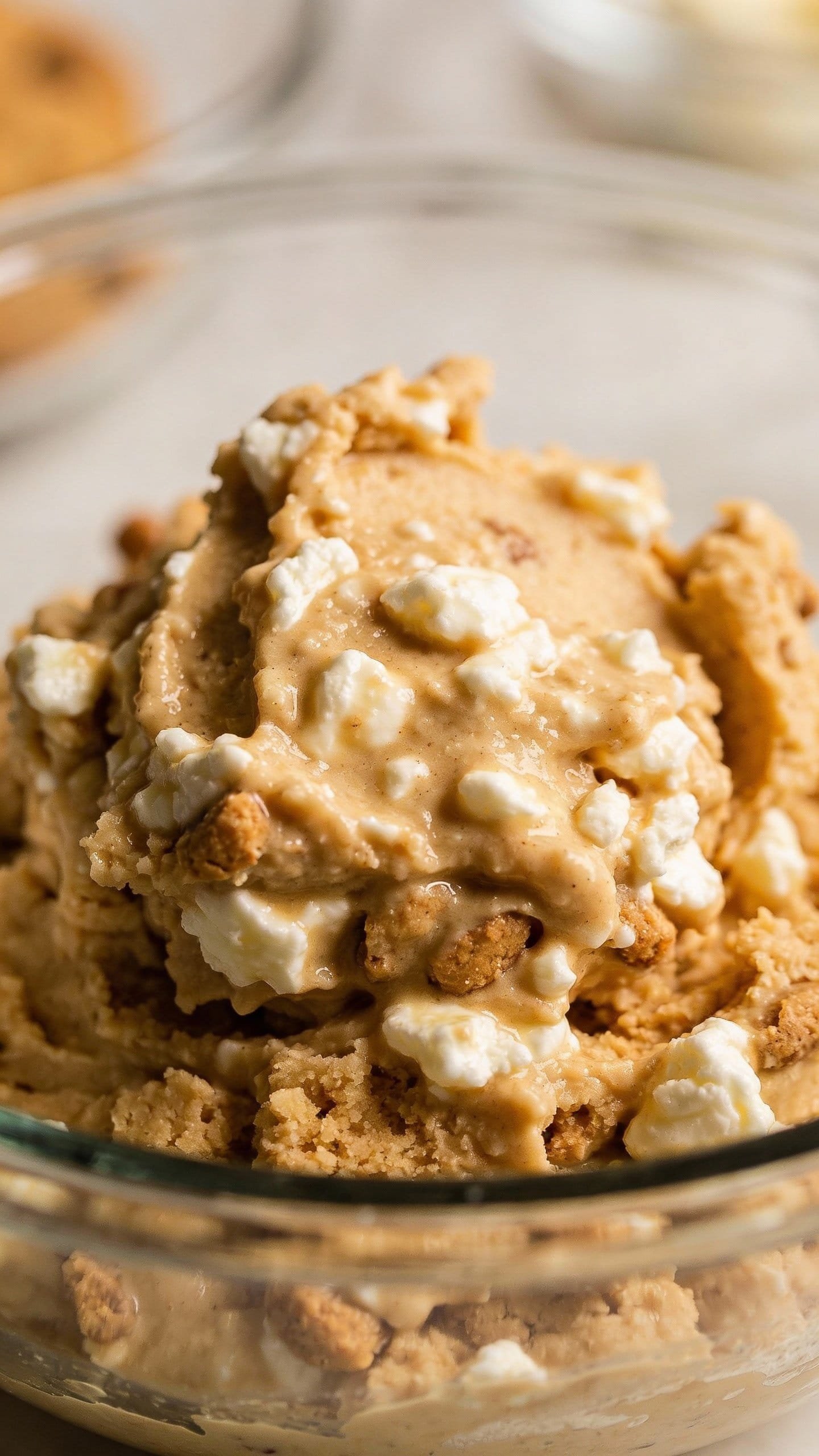Cookie dough with blended cottage cheese in glass bowl