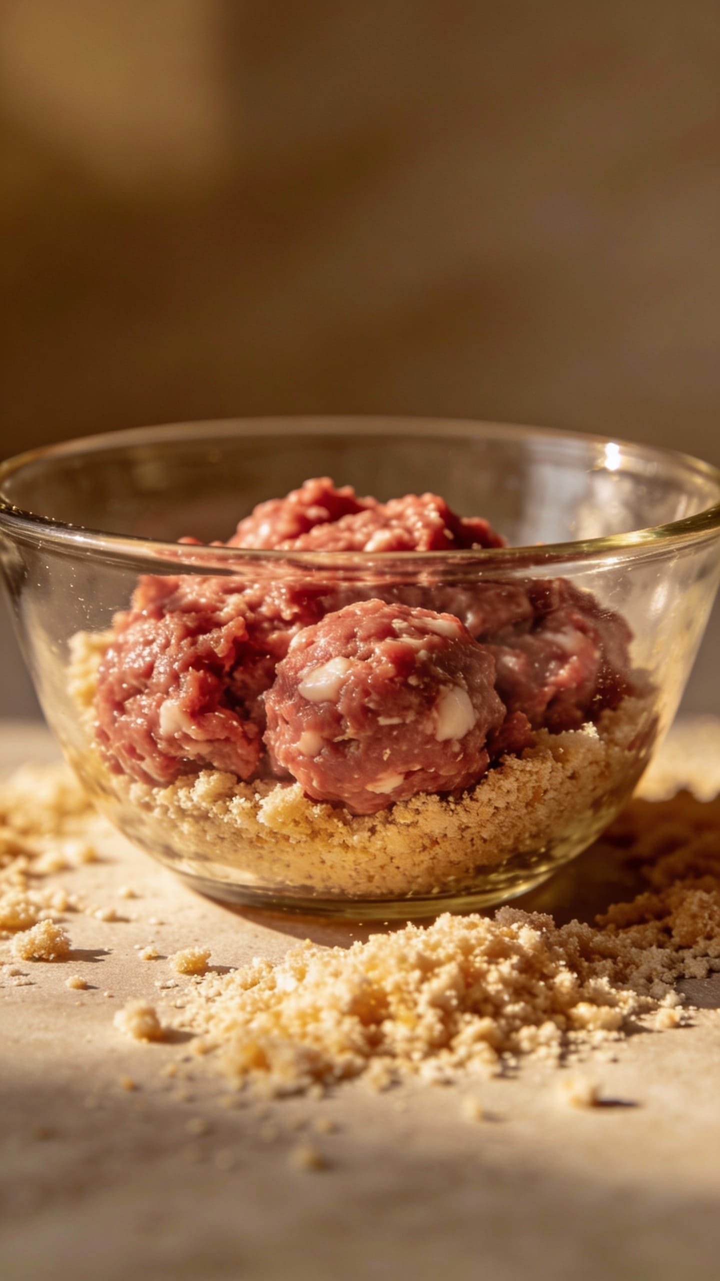 80/20 ground beef meatball mix in glass bowl, breadcrumbs