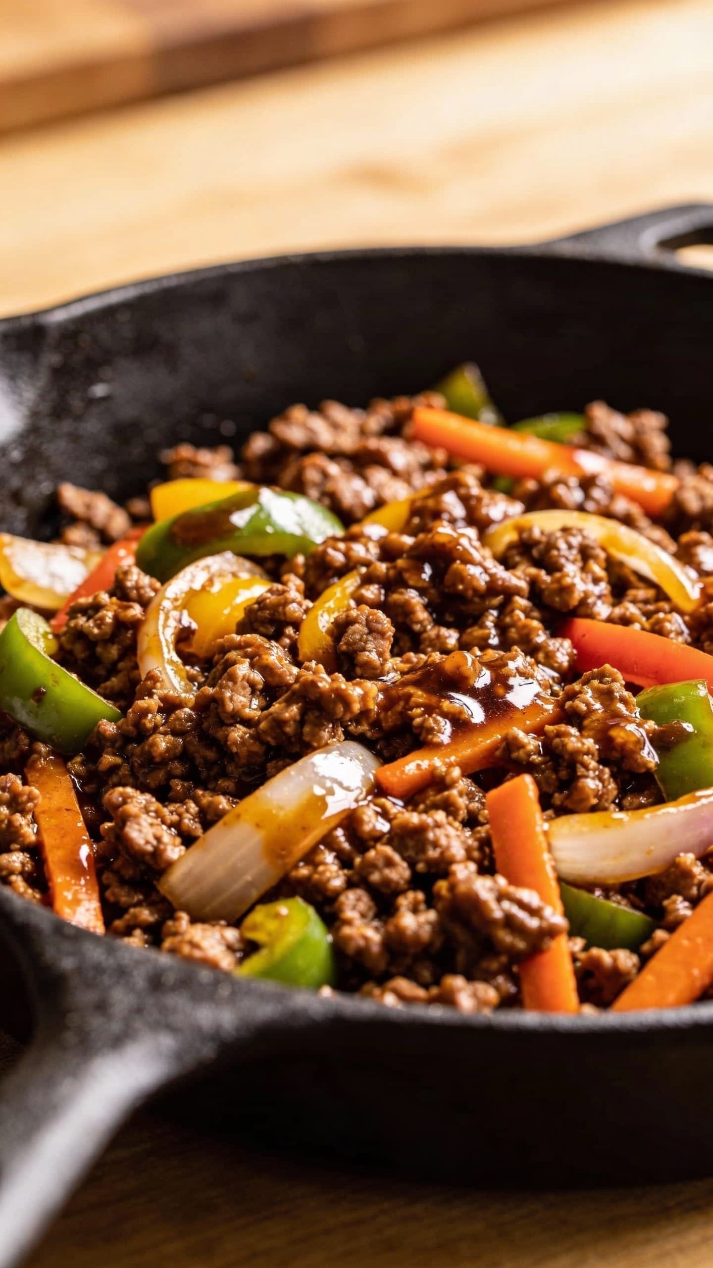 Teriyaki ground beef stir fry in skillet with broccoli