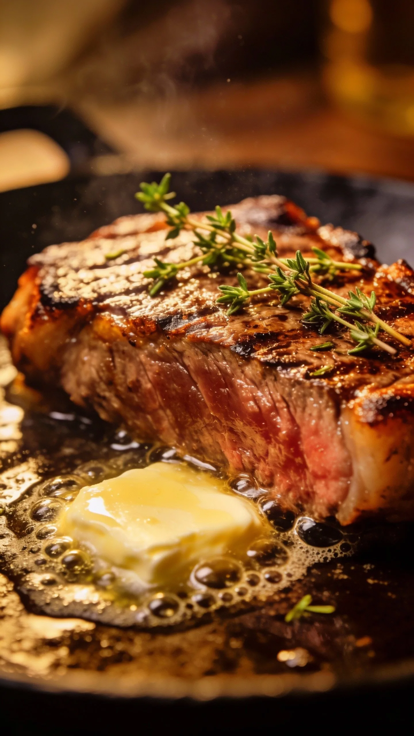 New York strip steak with crispy edges, fresh thyme, sizzling butter