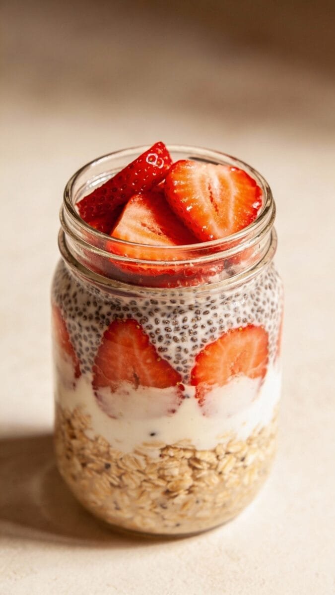 strawberry overnight oats in glass jar with chia and yogurt