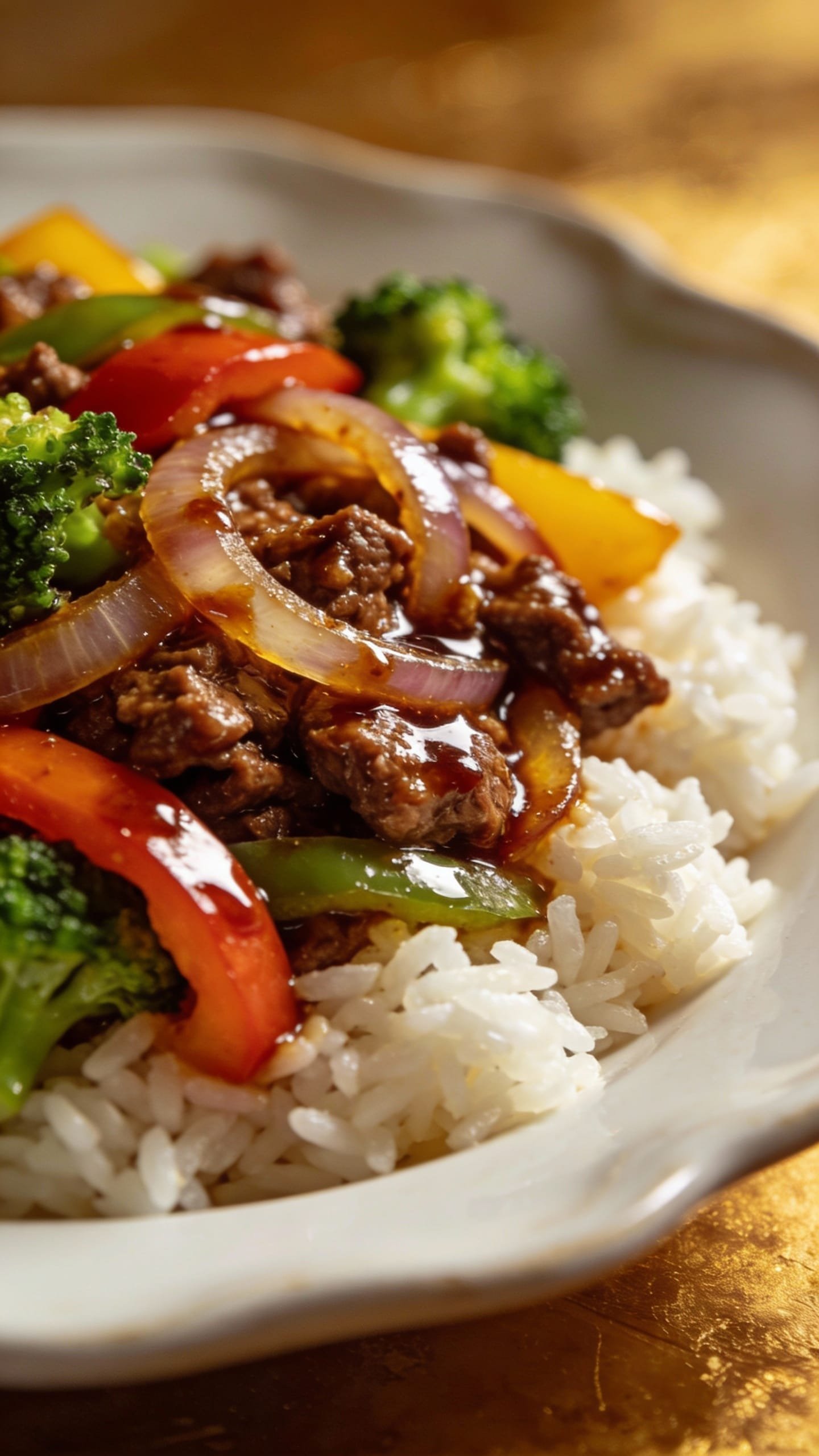 Teriyaki beef over fluffy white rice in ceramic bowl