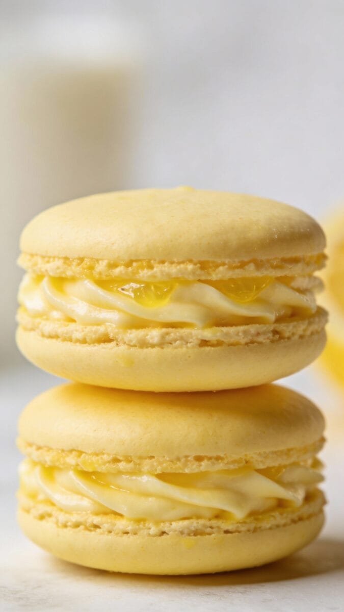 pastel yellow lemon macarons stacked, bright lemon buttercream filling