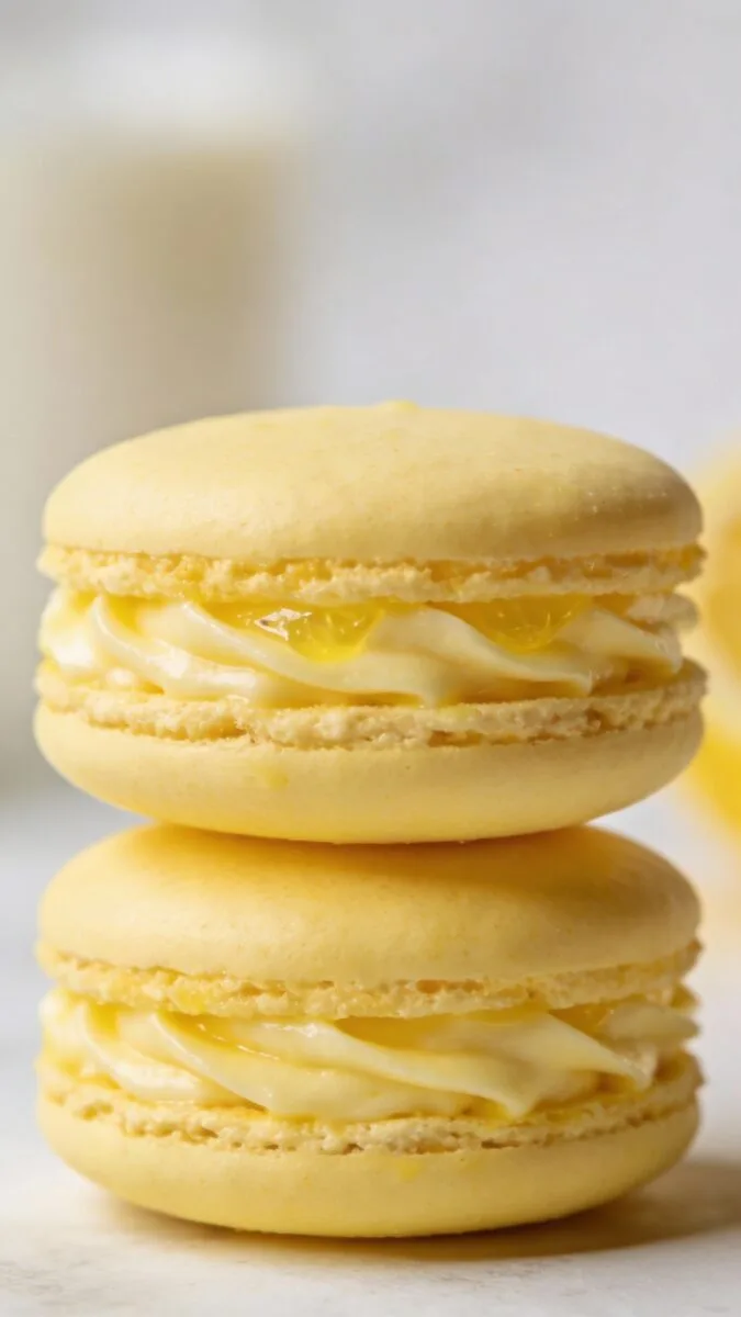 pastel yellow lemon macarons stacked, bright lemon buttercream filling
