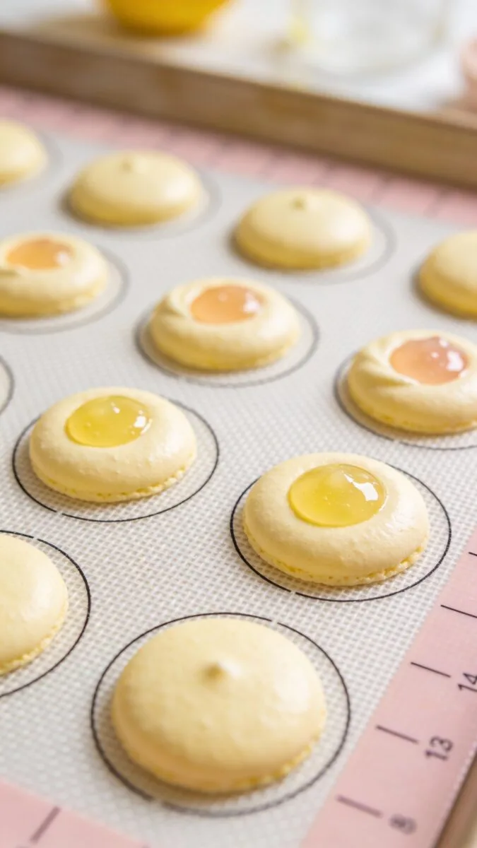 piped lemon macaron shells on silicone mat, gel coloring visible