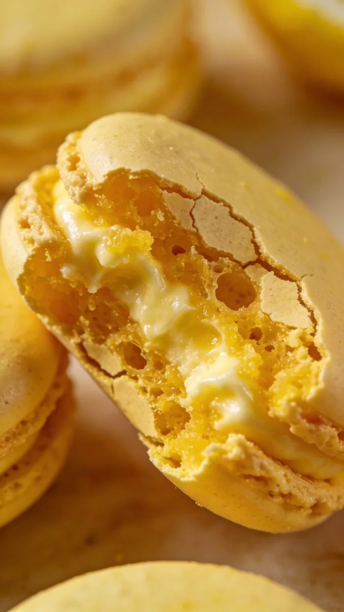 close-up bitten lemon macaron showing chewy center, zesty buttercream