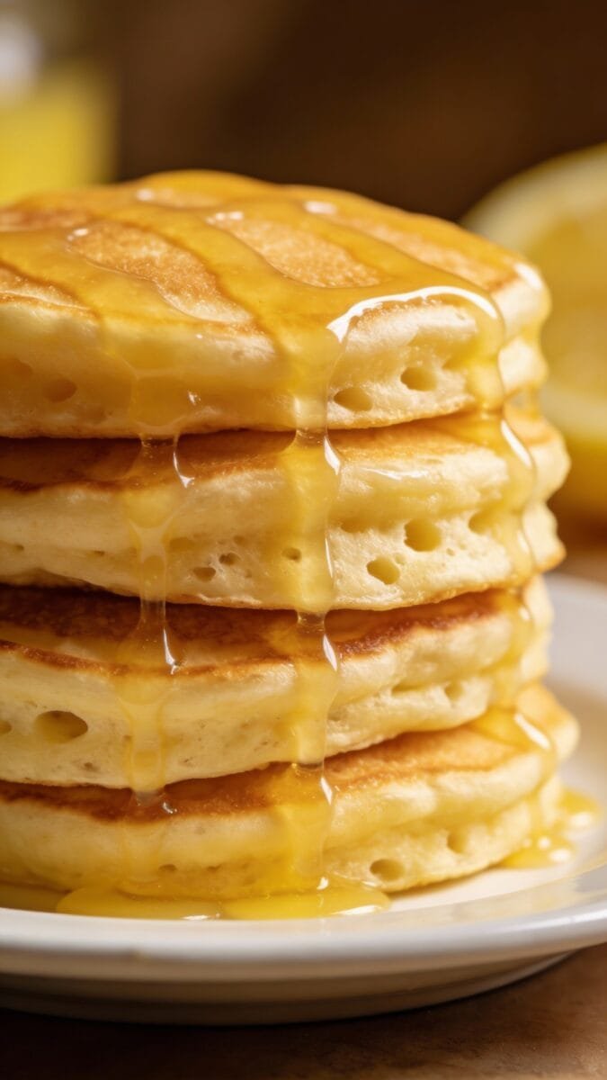 fluffy lemon pancakes stack with glaze drizzle, white plate