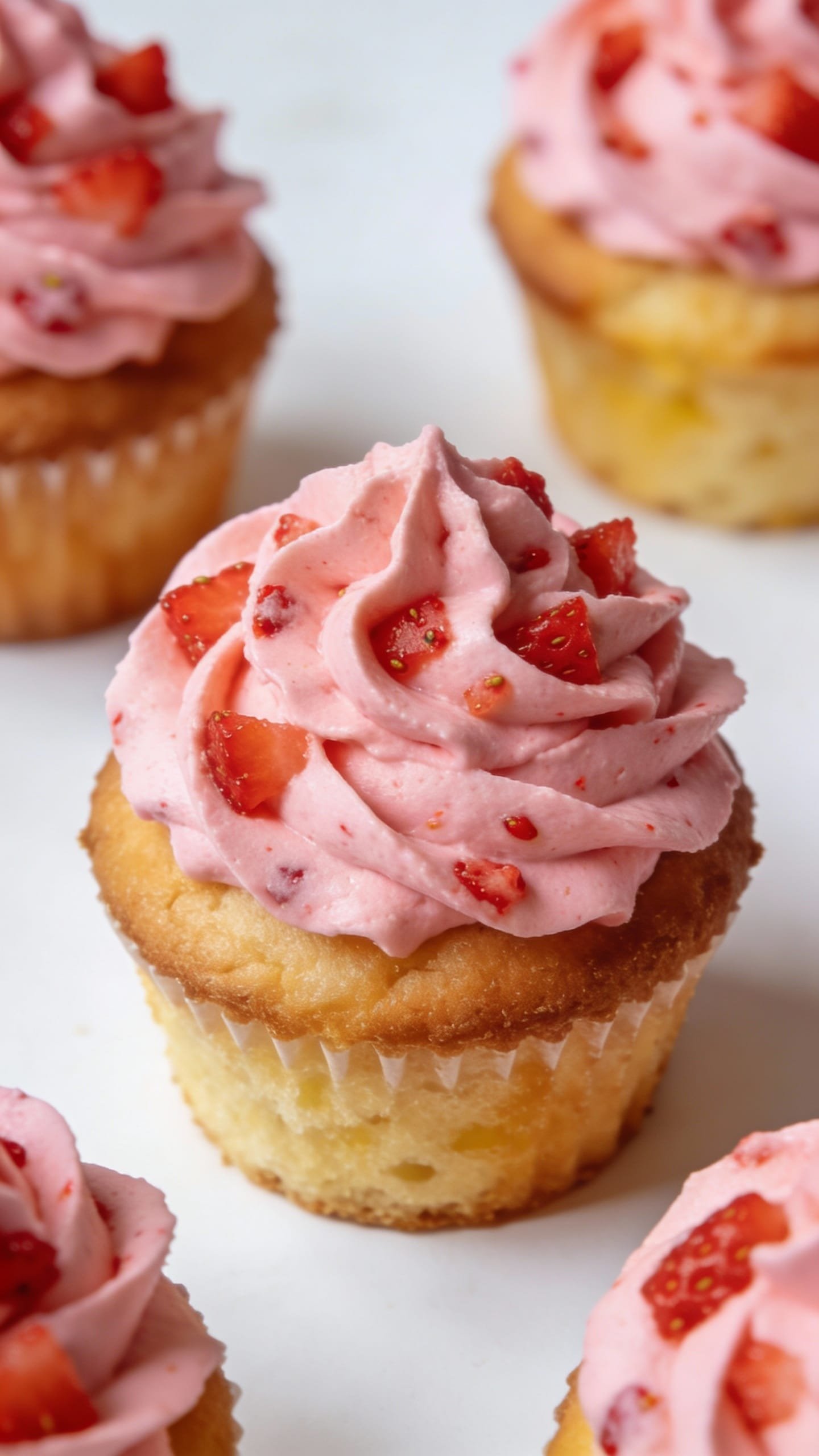 vanilla cupcakes with fresh strawberry buttercream swirls, white backdrop