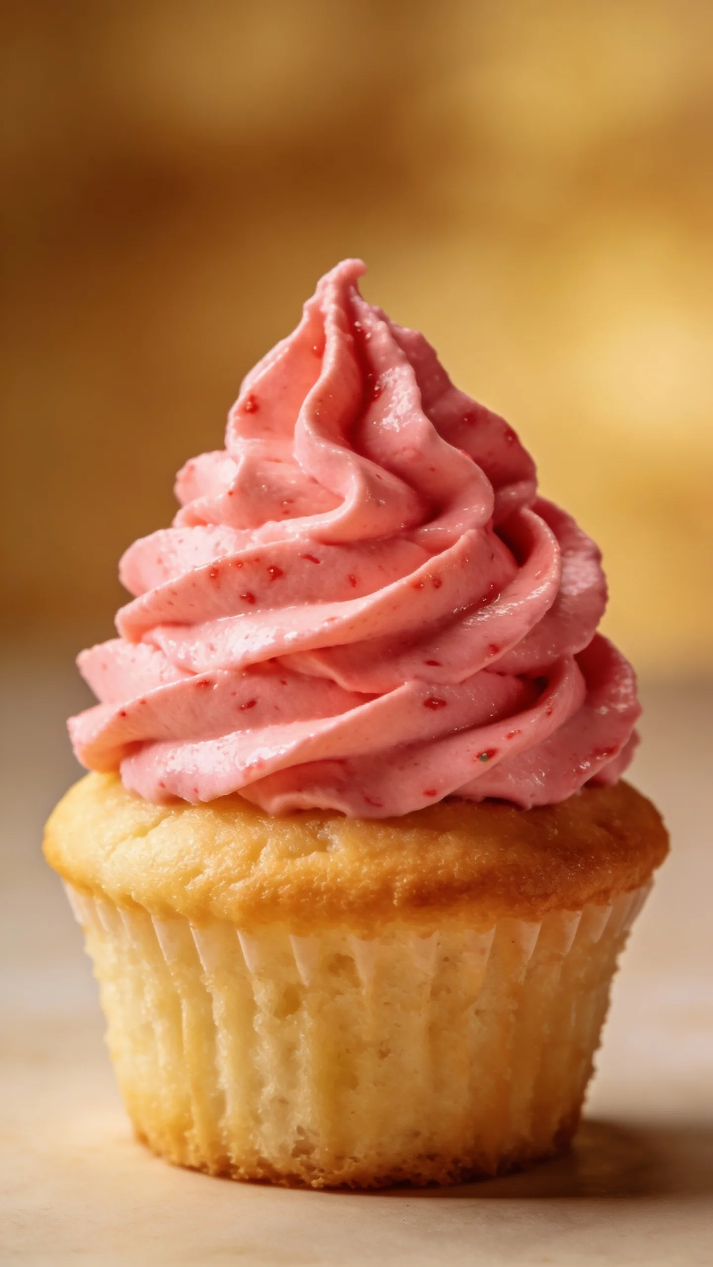 close-up swirl of strawberry buttercream on vanilla cupcake, studio light