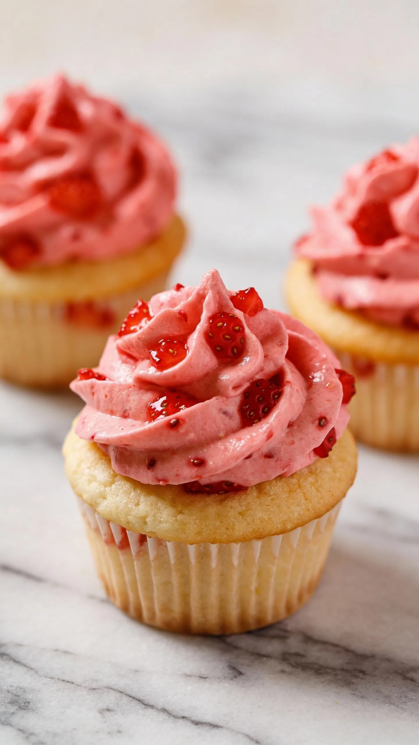 three vanilla cupcakes topped with real strawberry frosting, marble surface