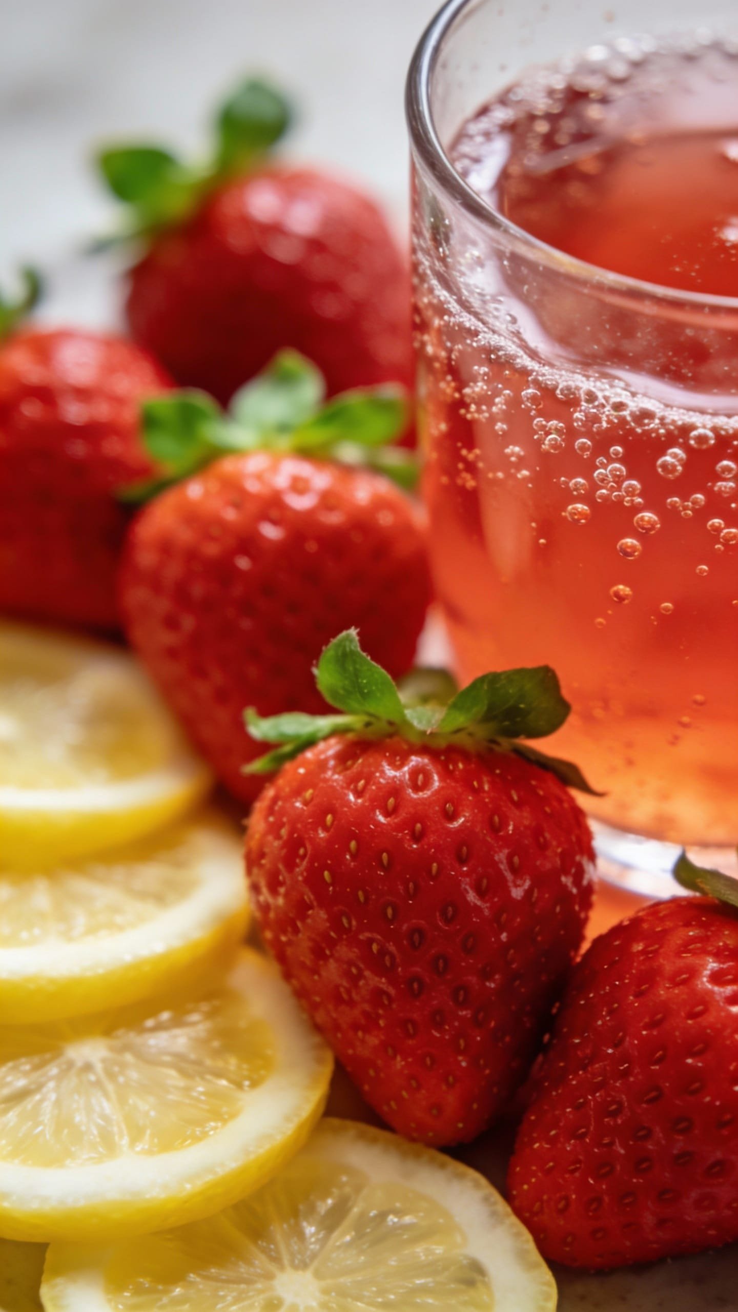 Fresh strawberries and lemon slices beside fizzy punch