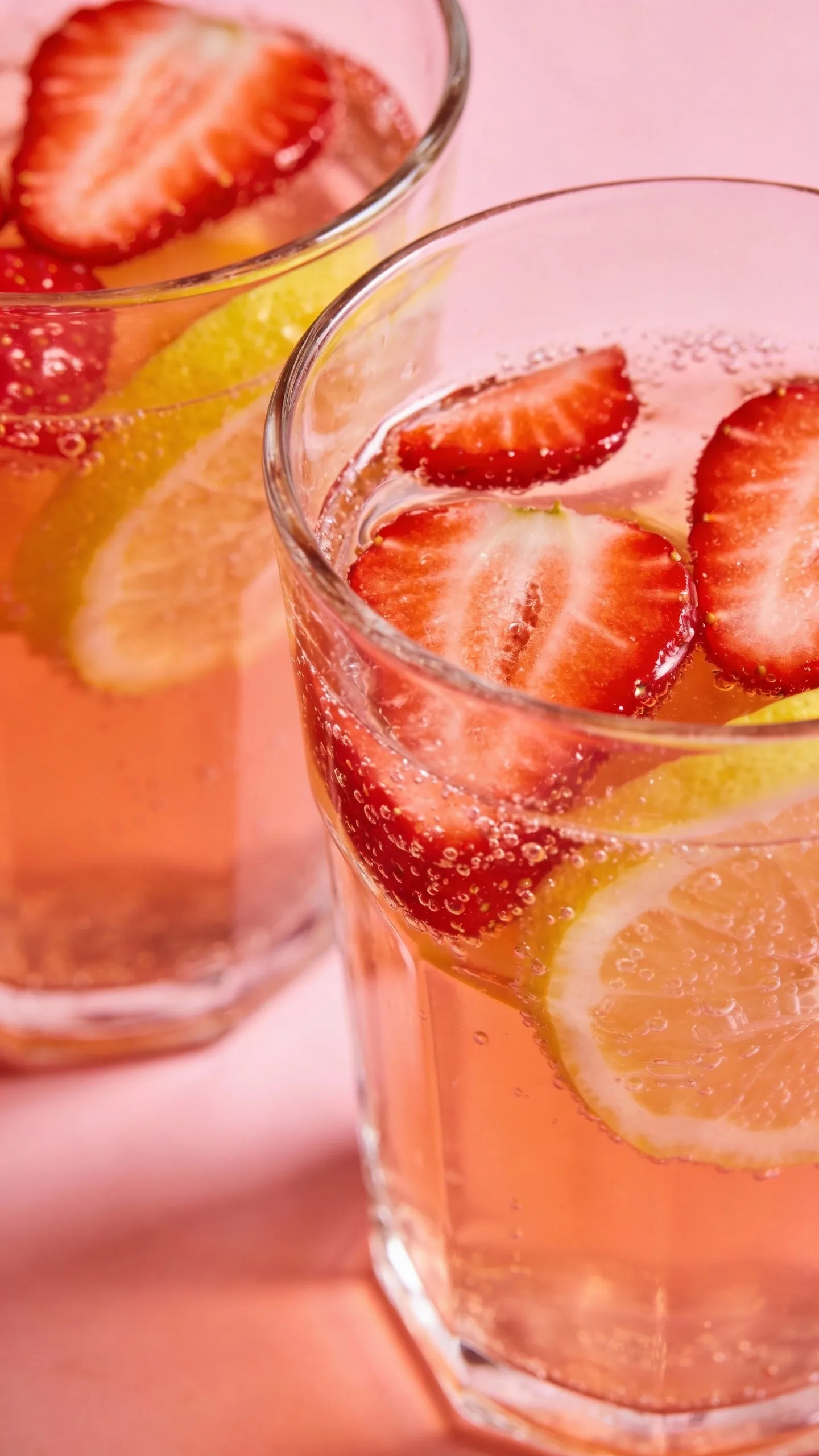 Clear glasses of strawberry lemonade punch with bubbles