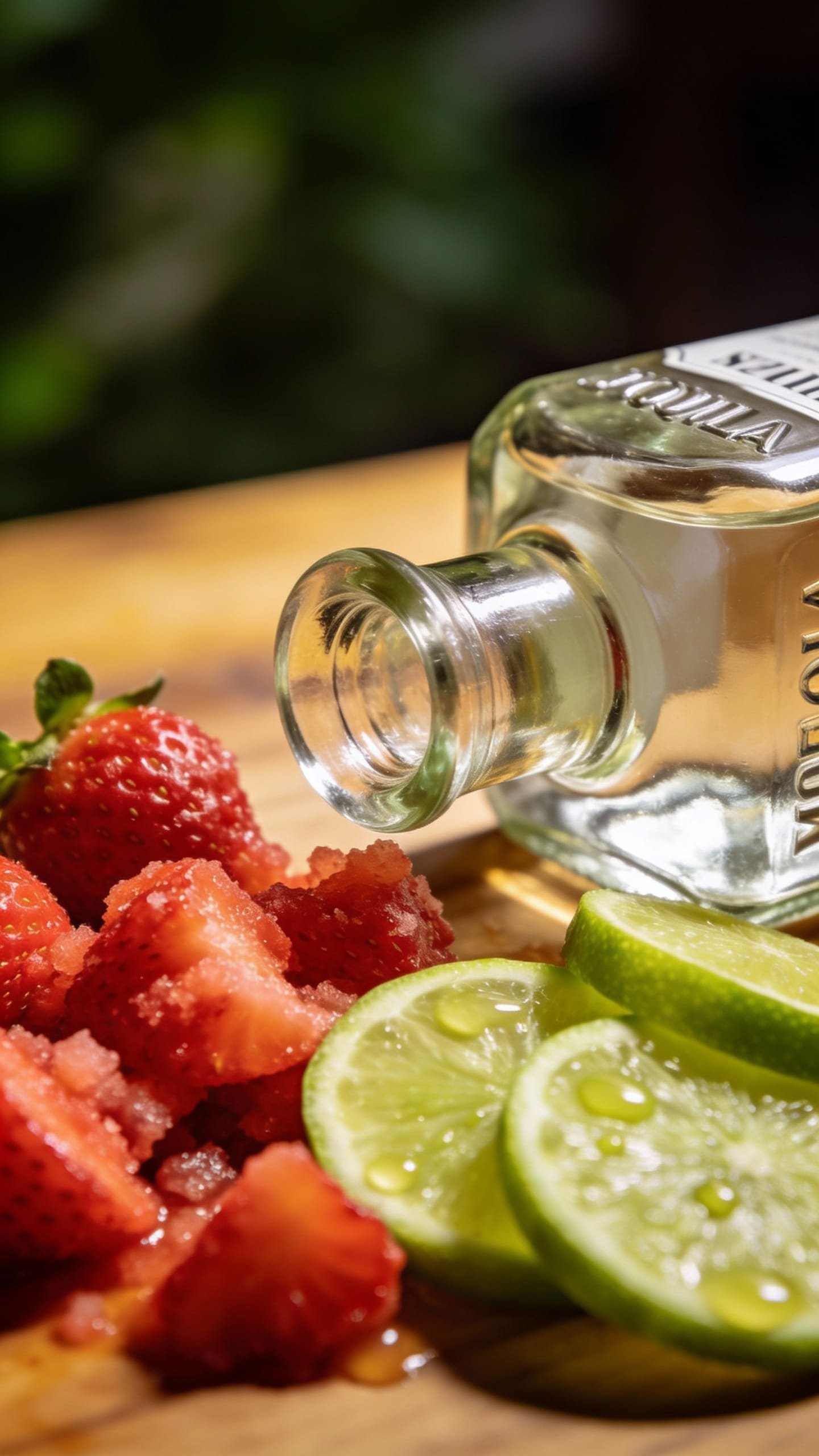 muddled fresh strawberries and lime beside blanco tequila bottle