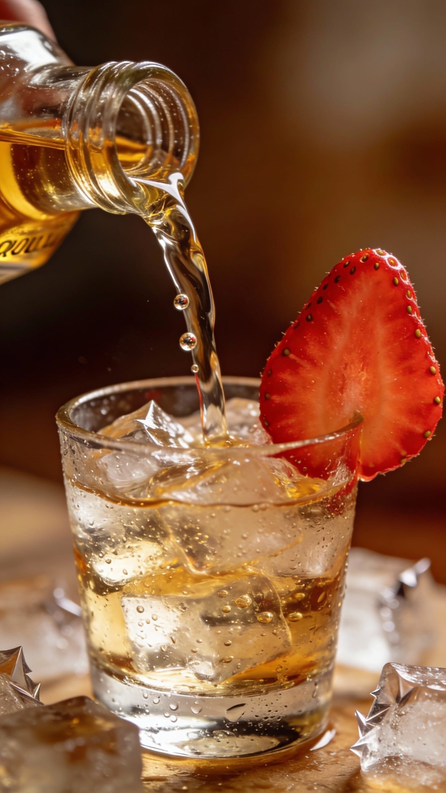 close-up tequila pour over ice with strawberry garnish