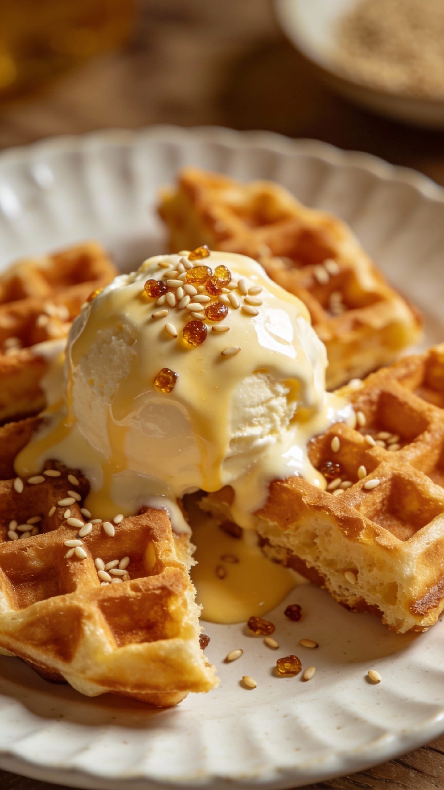 waffle quarters with melting ice cream and candied sesame garnish
