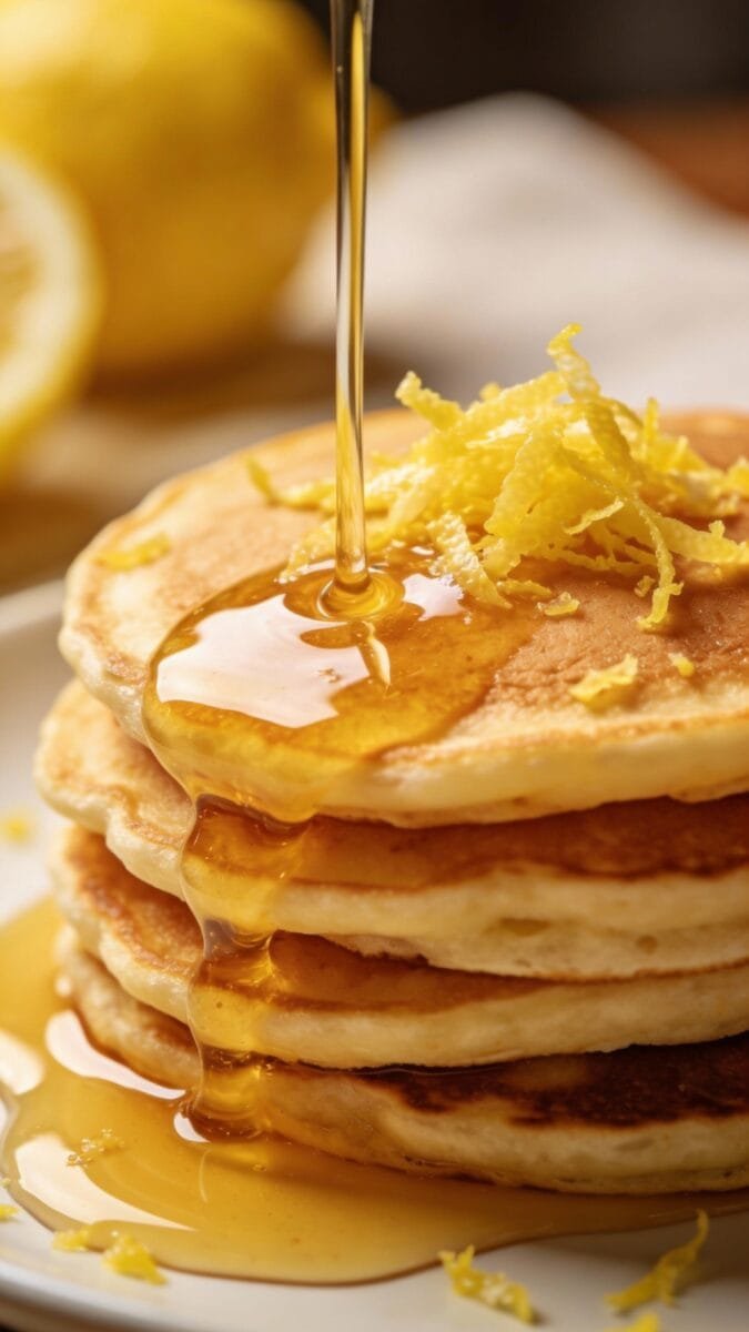 syrup pour over lemon pancakes, fresh zest garnish