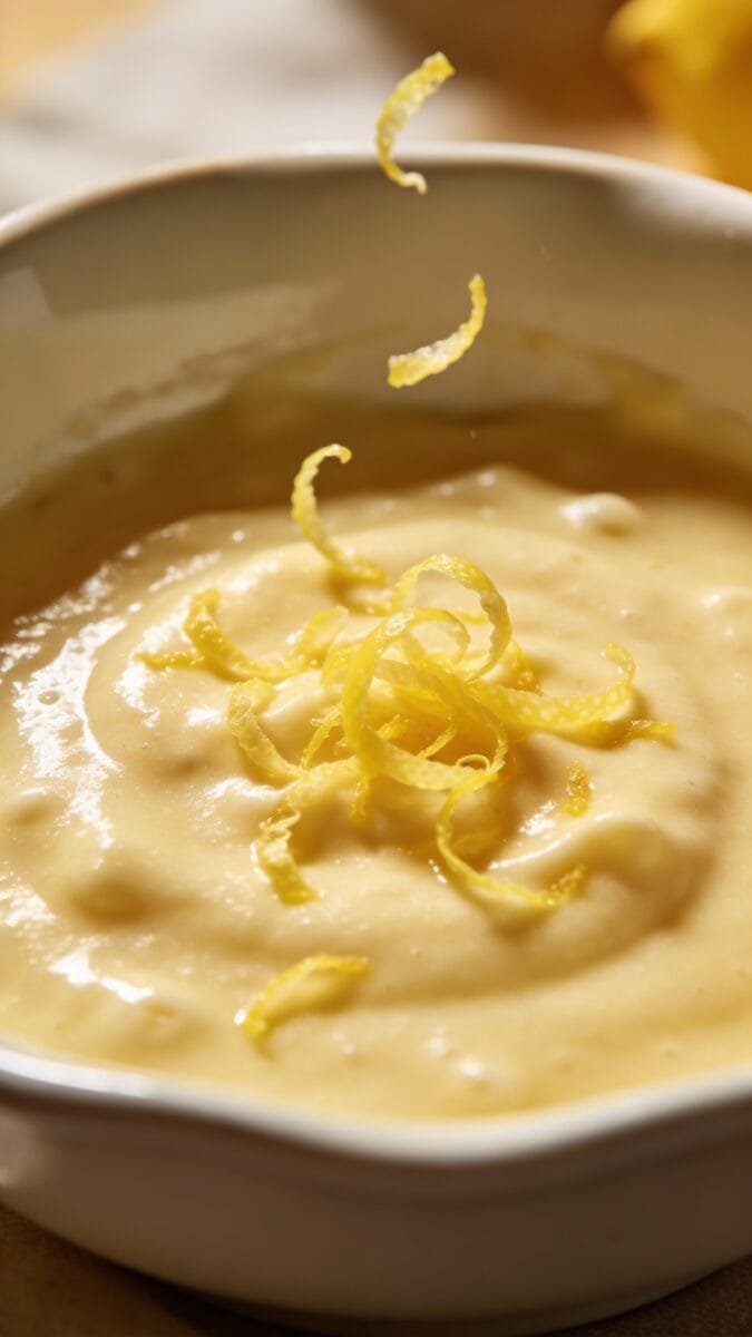 close-up small lemon zest on pancake batter in bowl