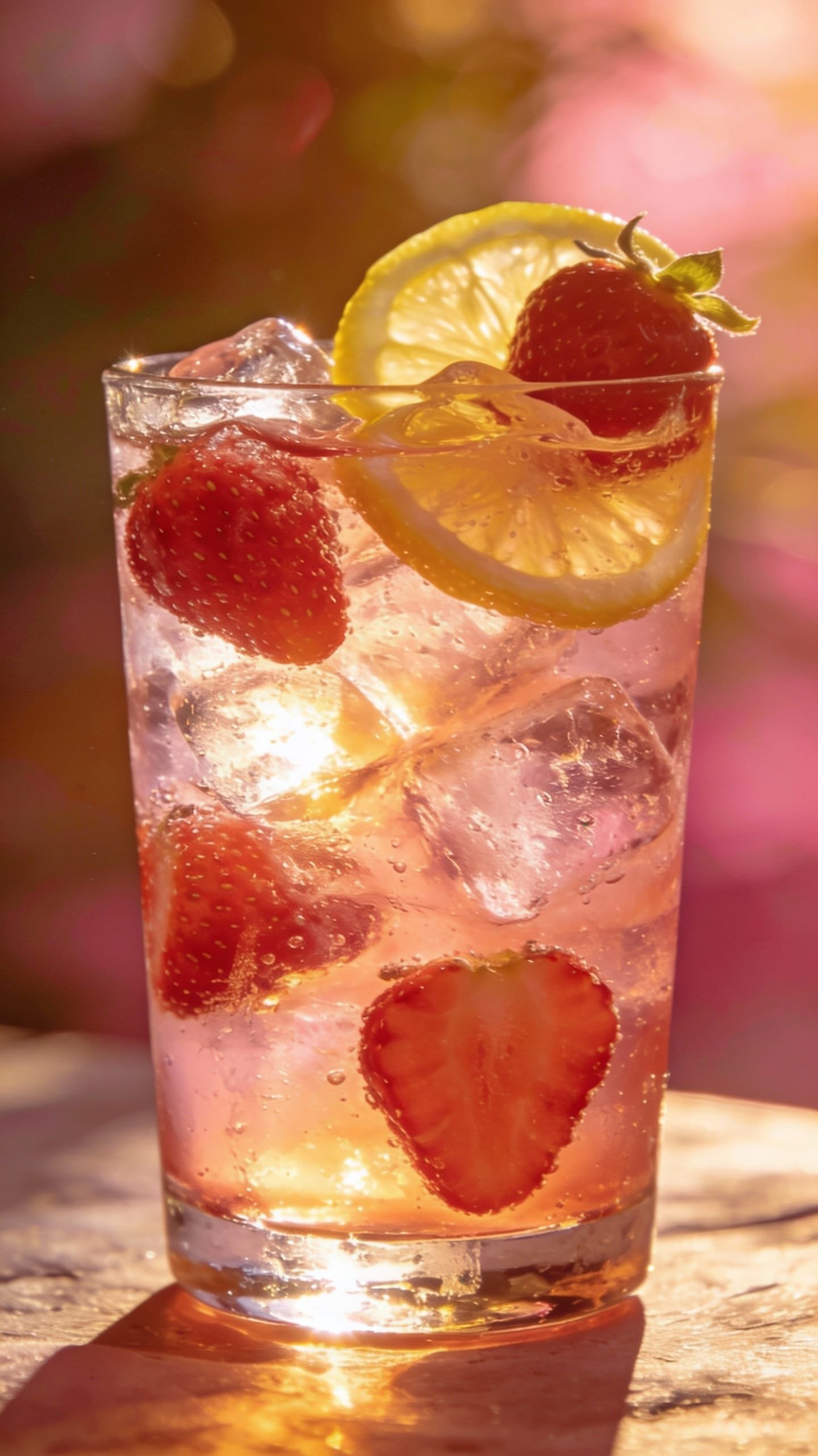 Strawberry lemon cocktail in highball with ice, backlit