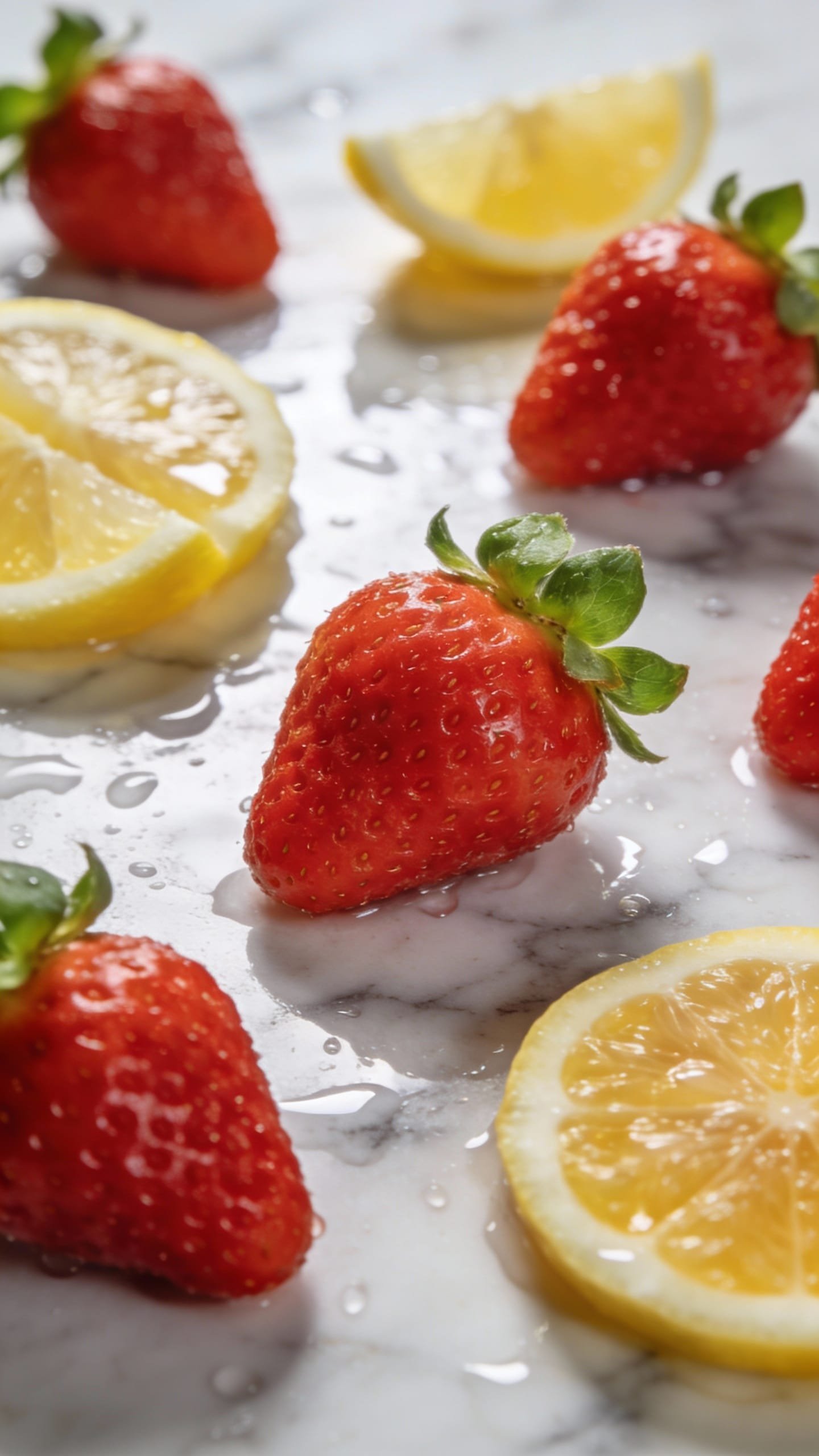 Fresh strawberries and lemon wedges on wet marble
