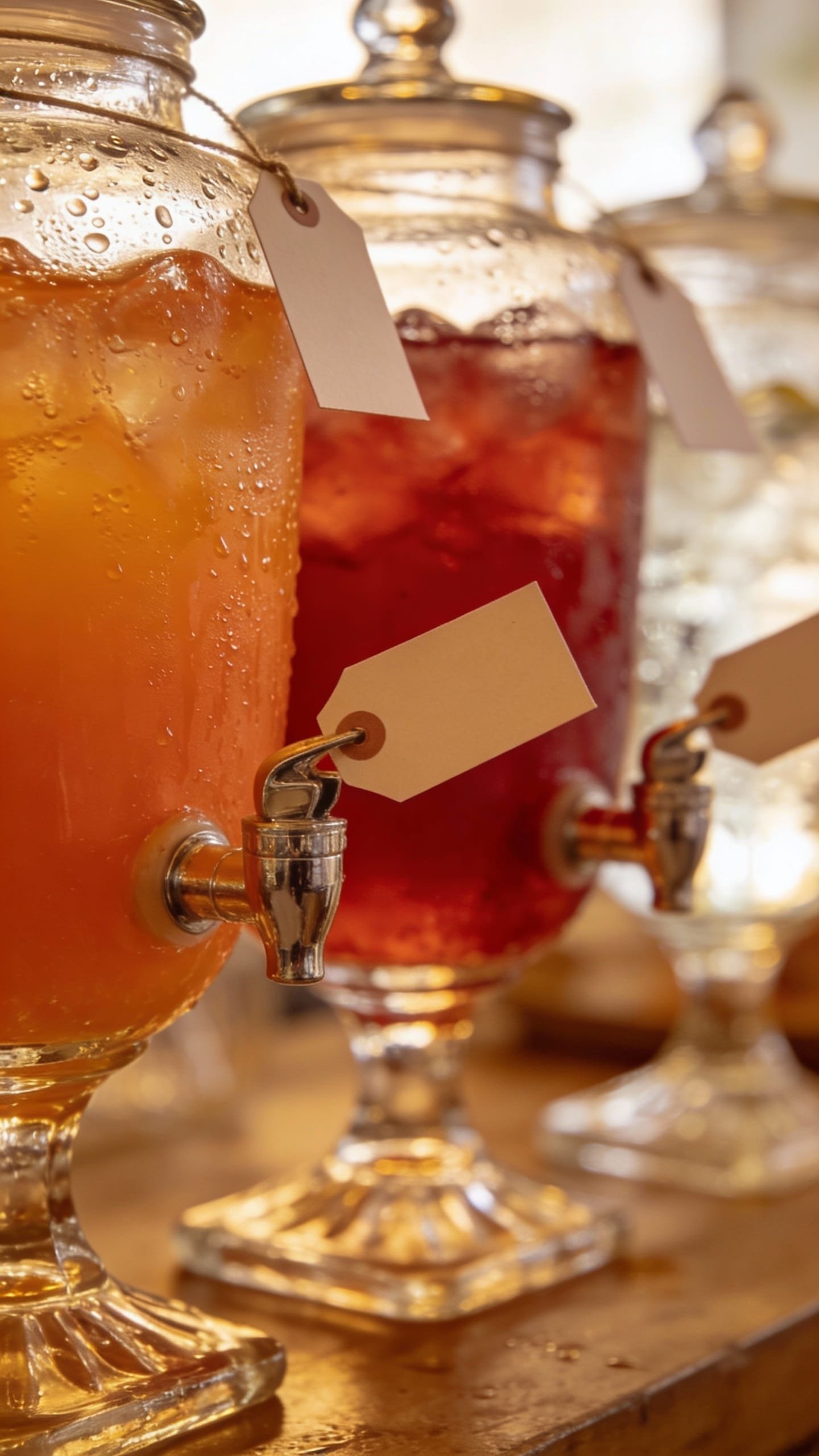 Batched cocktails in glass dispensers with labeled tags