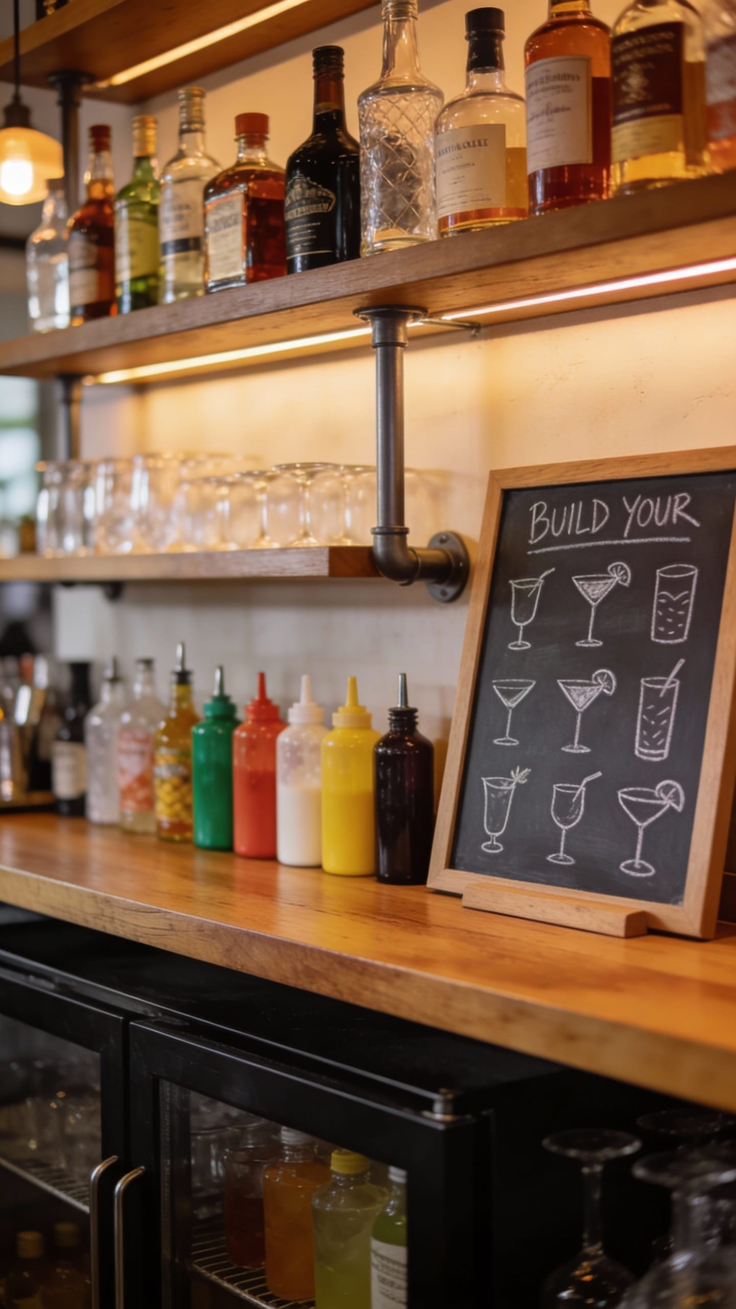 Build-your-own bar with spirits, mixers, and recipe board