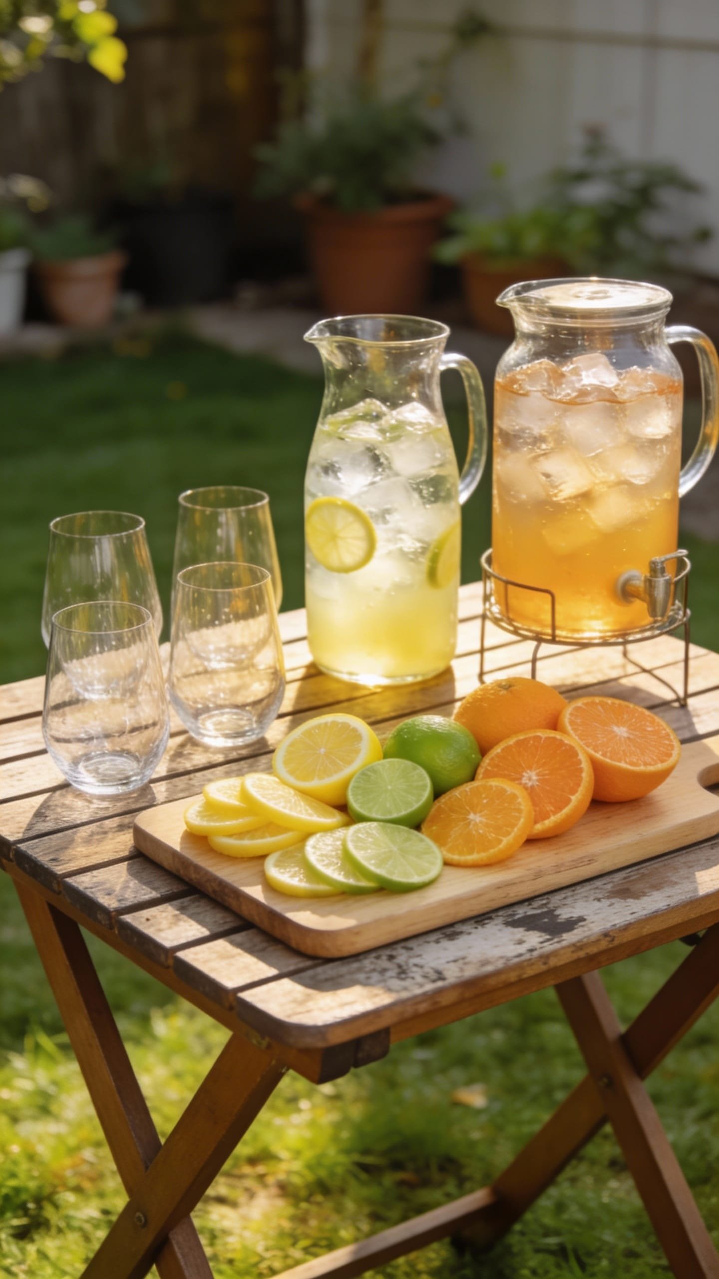 Backyard folding table drink station with citrus garnishes