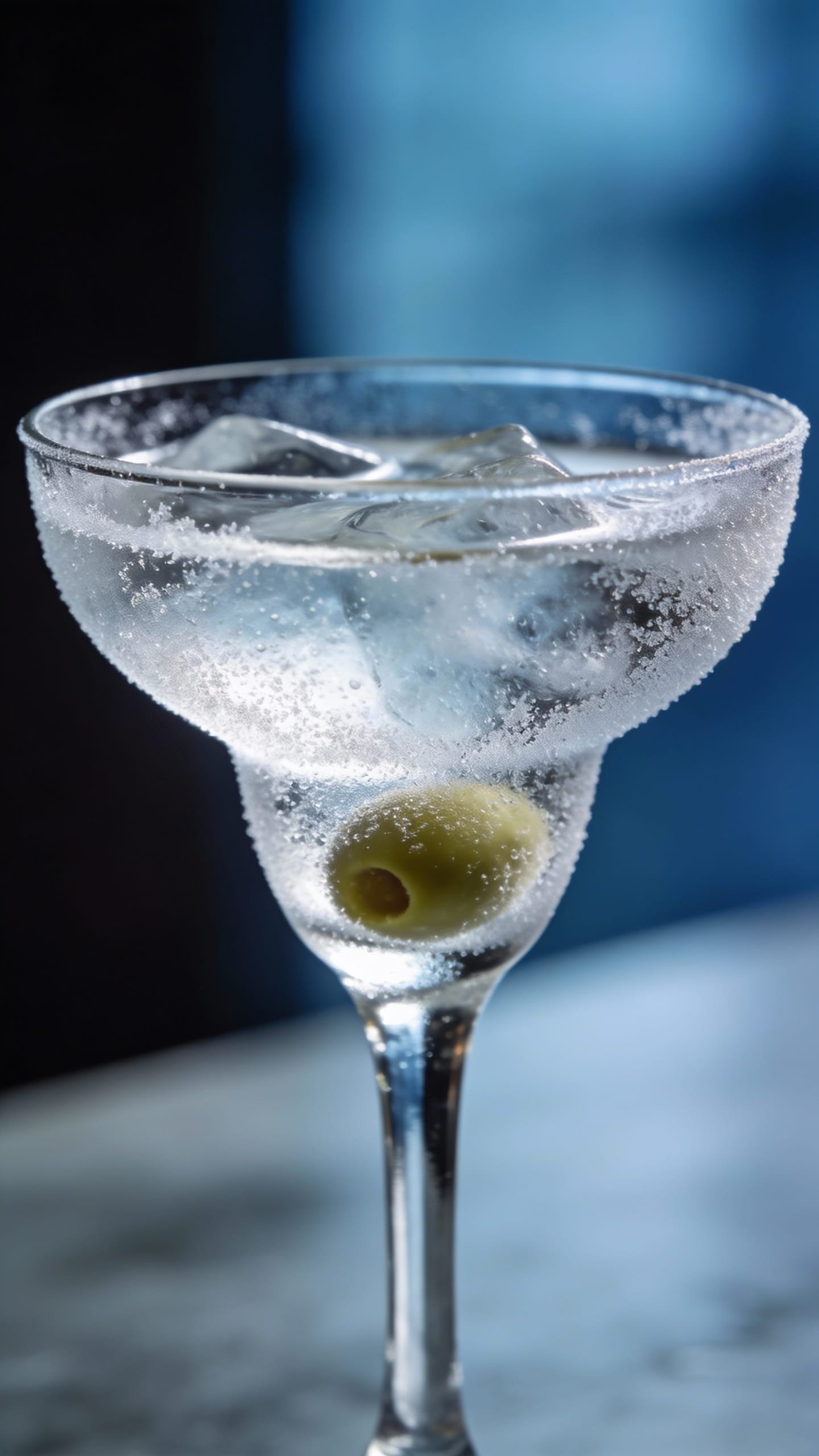 Ice-cold martini with single olive, frosted Nick and Nora glass