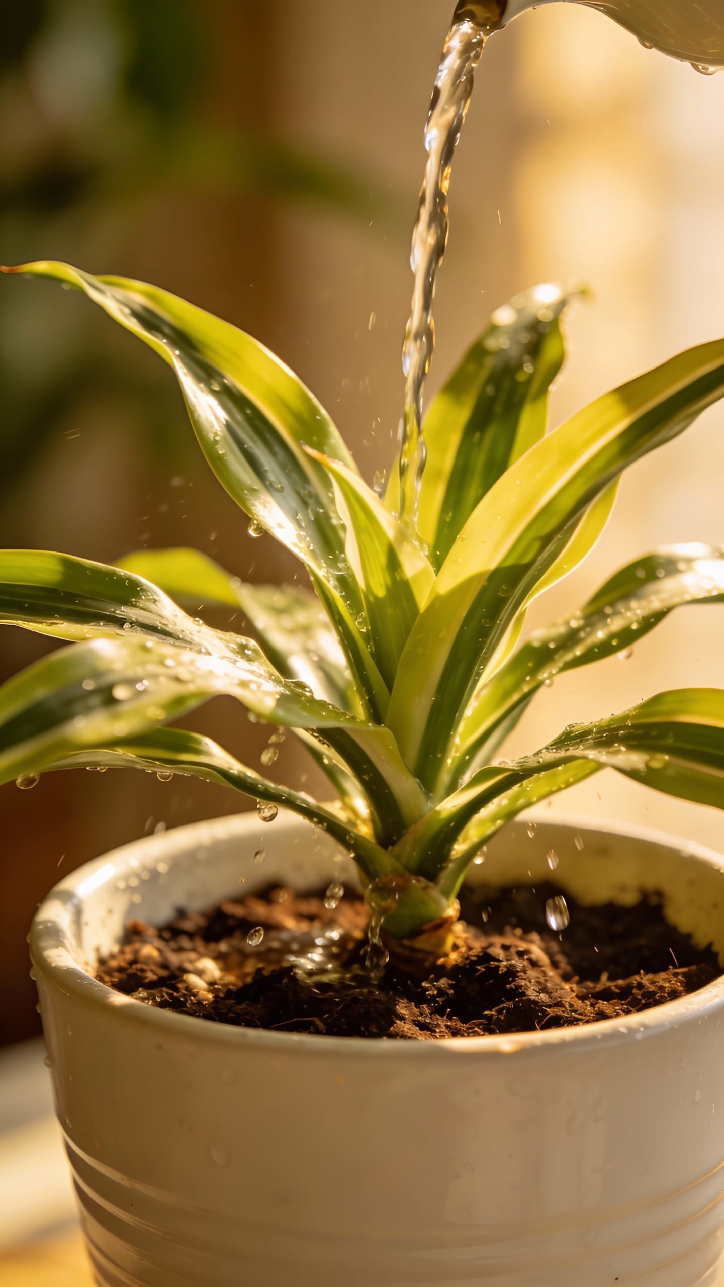 dracaena fragrans watering close-up, slow pour, white pot