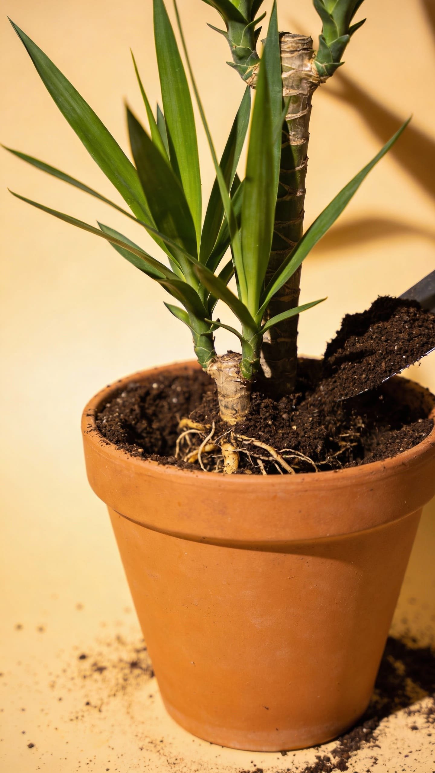 repotting dracaena compacta, fresh soil, terracotta pot, studio lighting