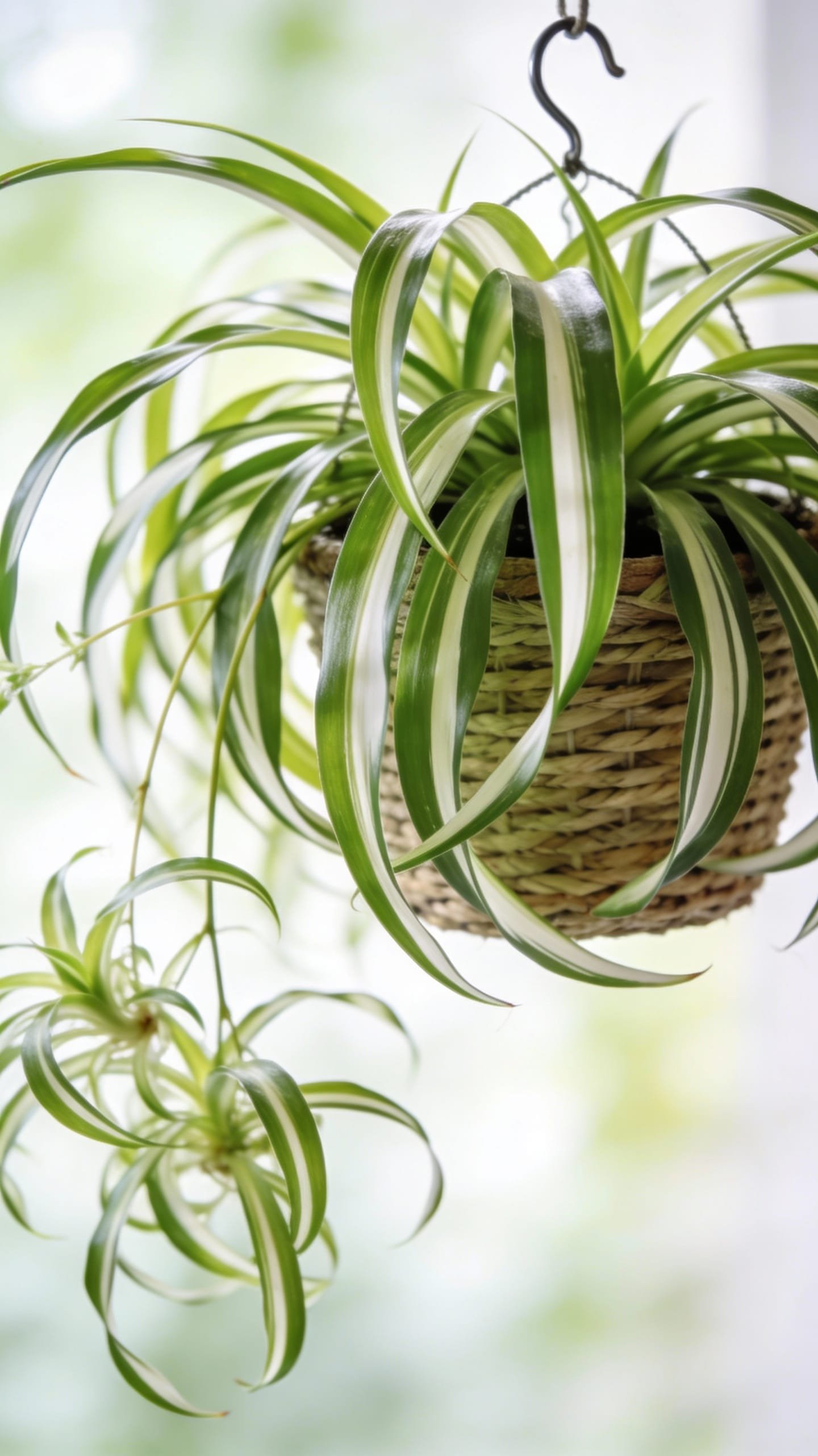 variegated spider plant in hanging basket, bright indirect window light