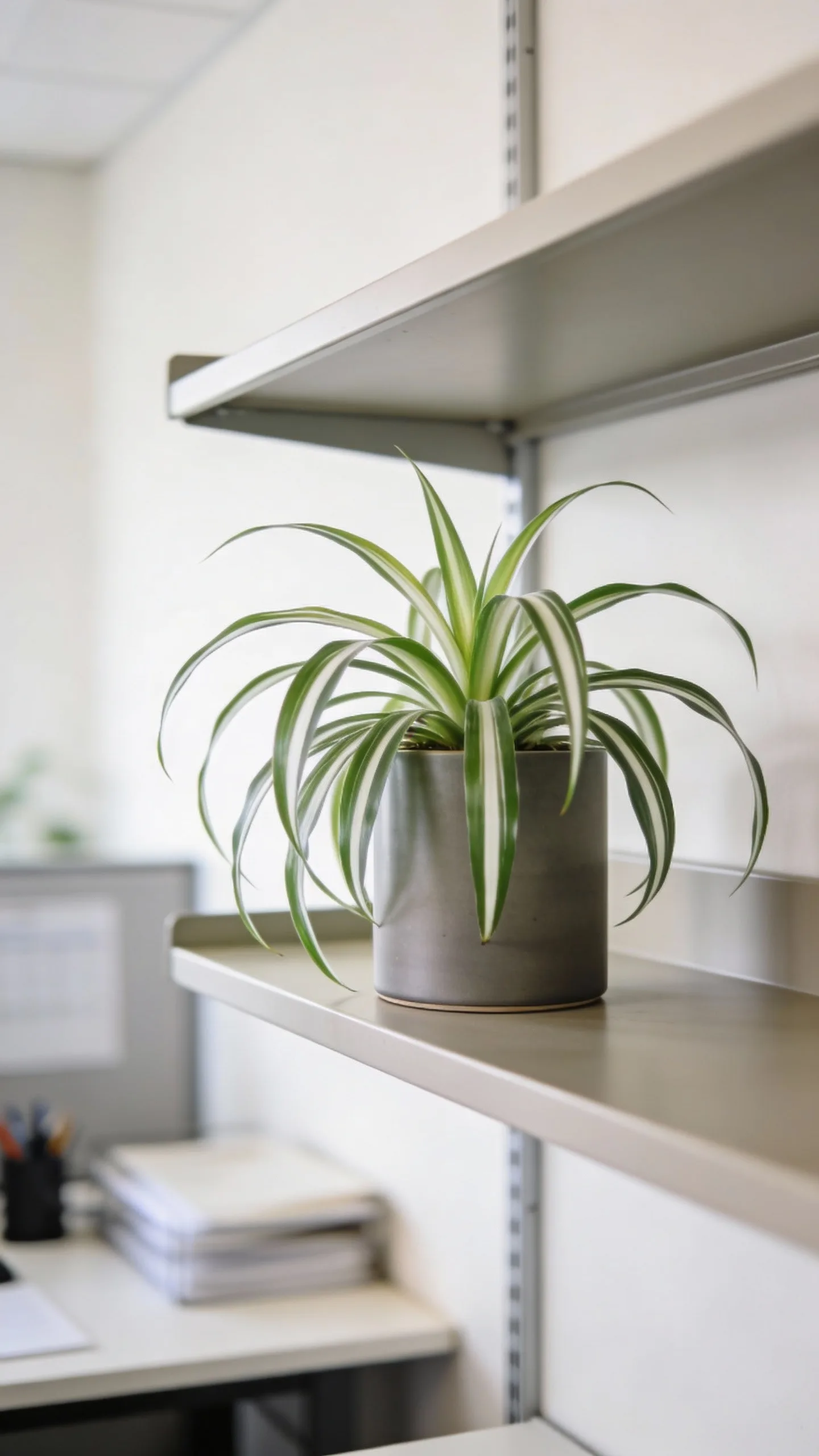 spider plant on office shelf, modern pot, airy minimal background