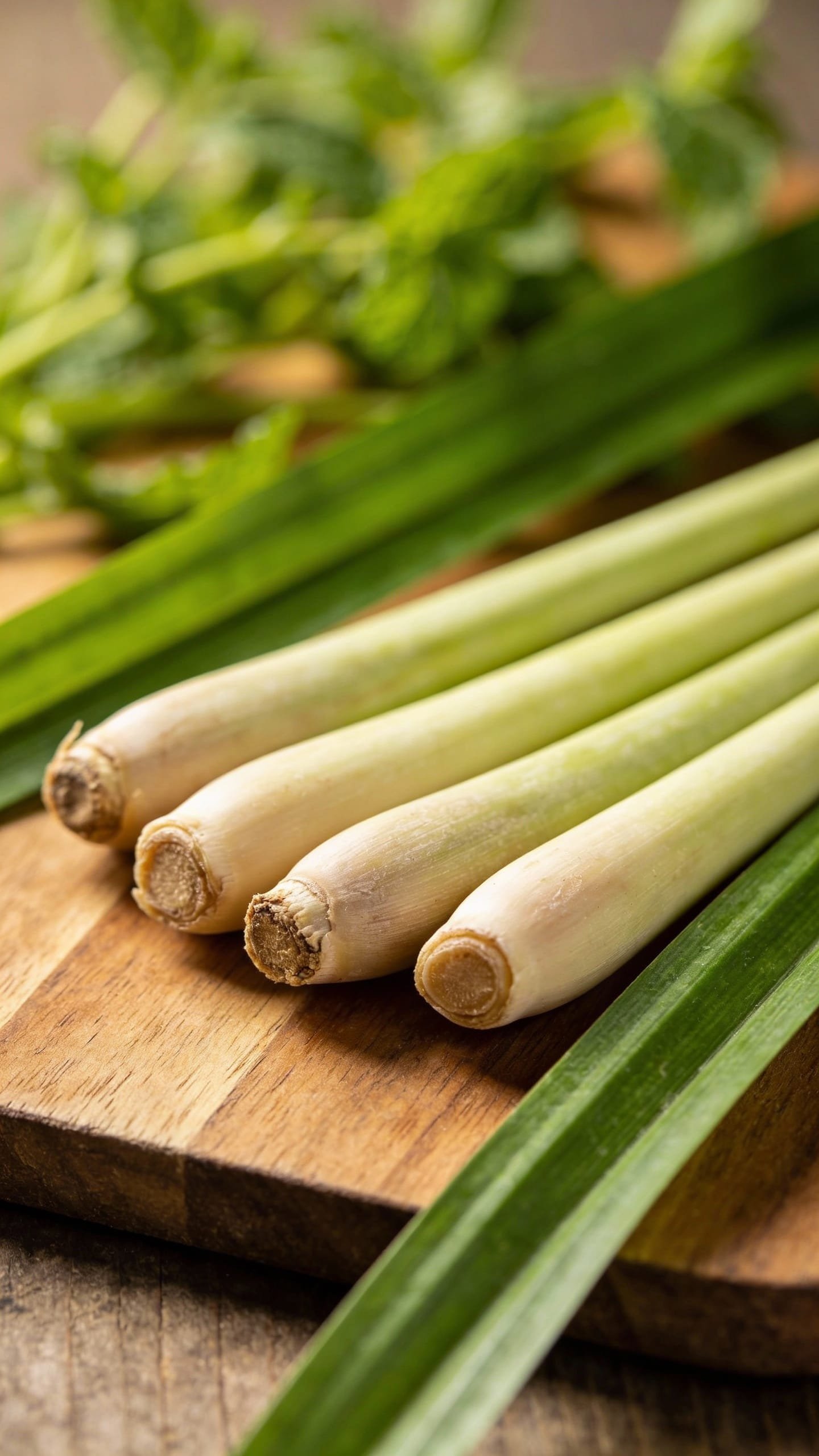 fresh lemongrass stalks and leaves on wooden cutting board