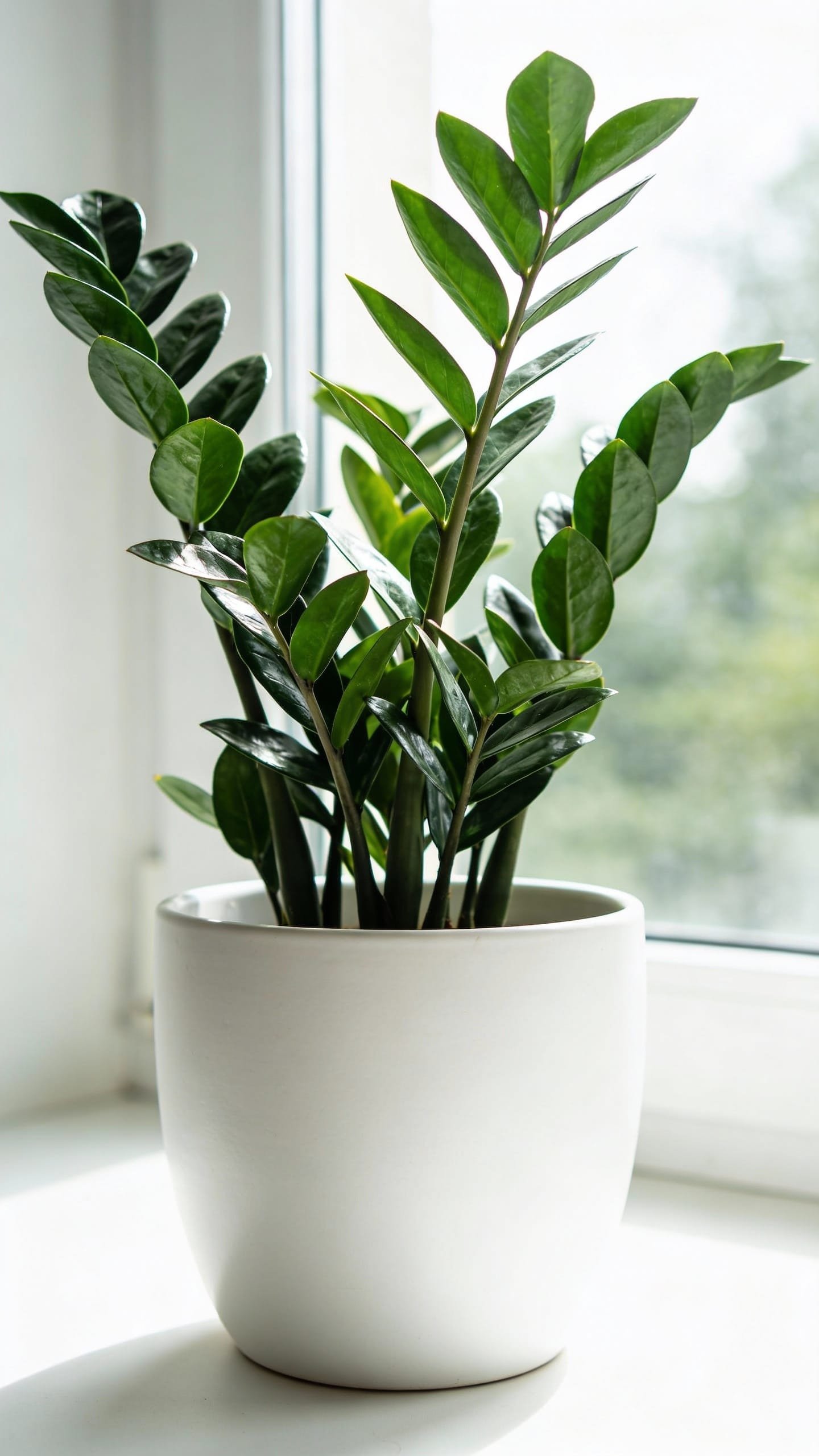ZZ plant in matte white pot, bright indirect window light