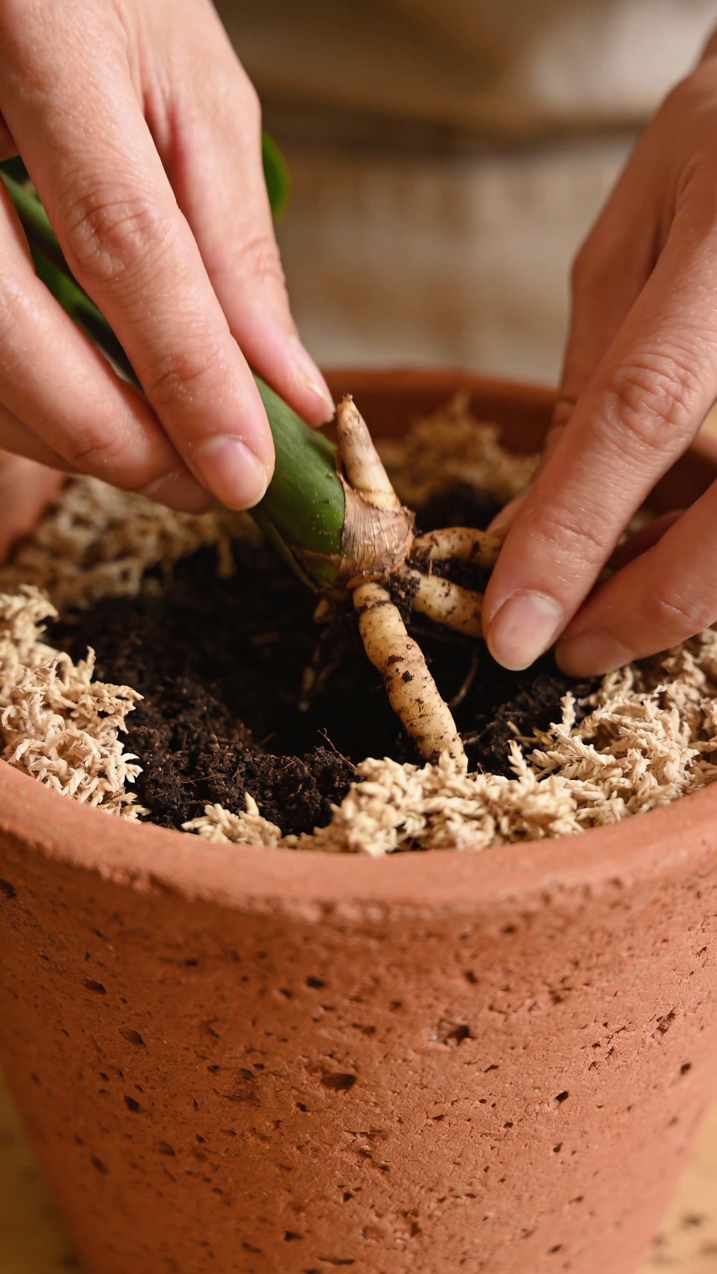 Repotting ZZ rhizomes in terracotta pot, fresh soil, hands