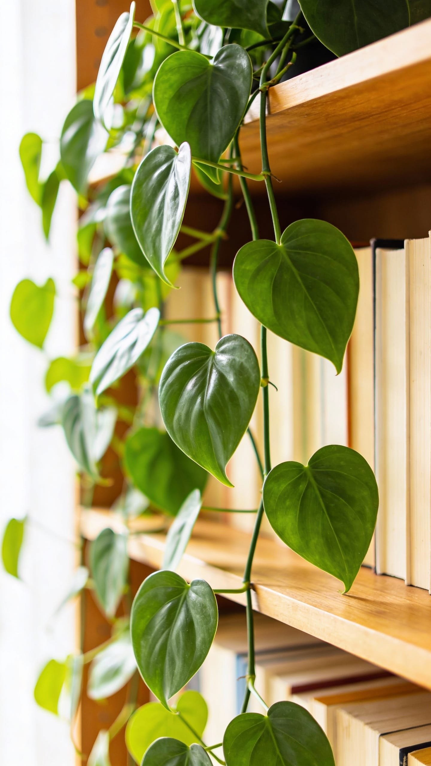 heartleaf philodendron trailing from bookshelf in bright indirect light