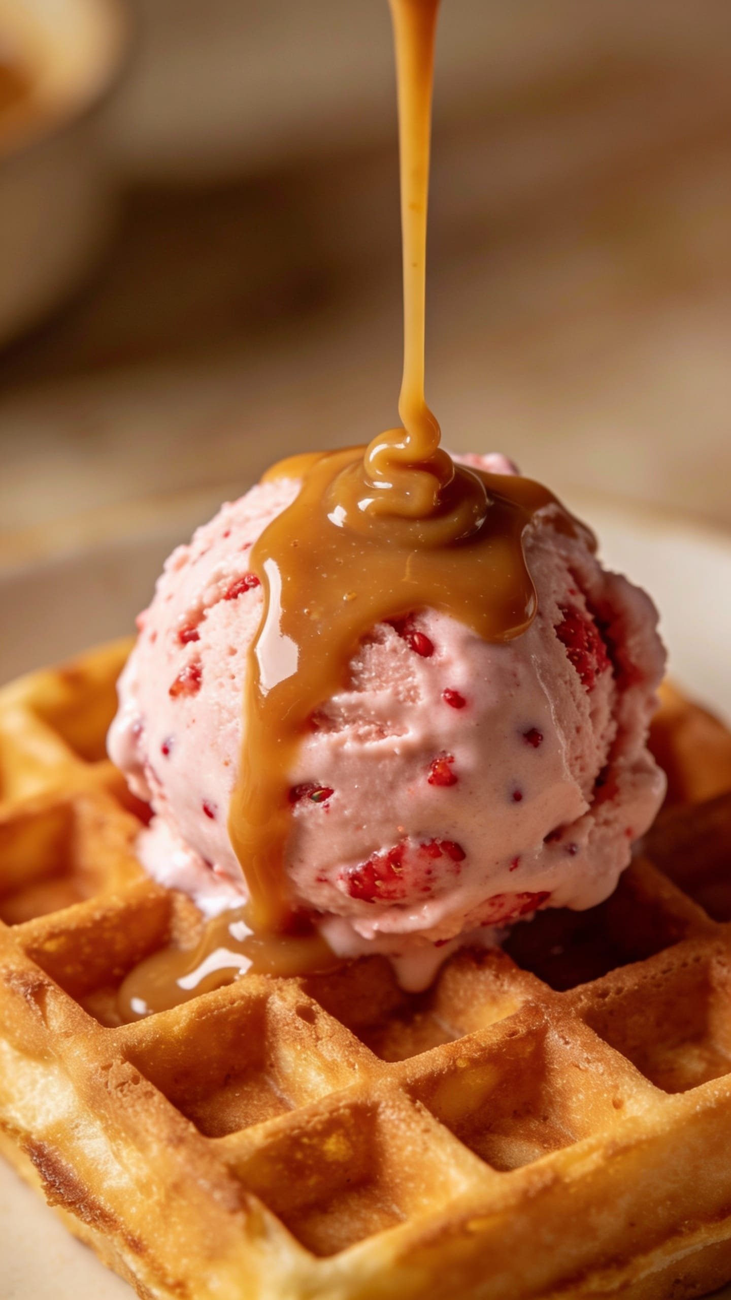 pistachio gelato on warm waffle with miso caramel