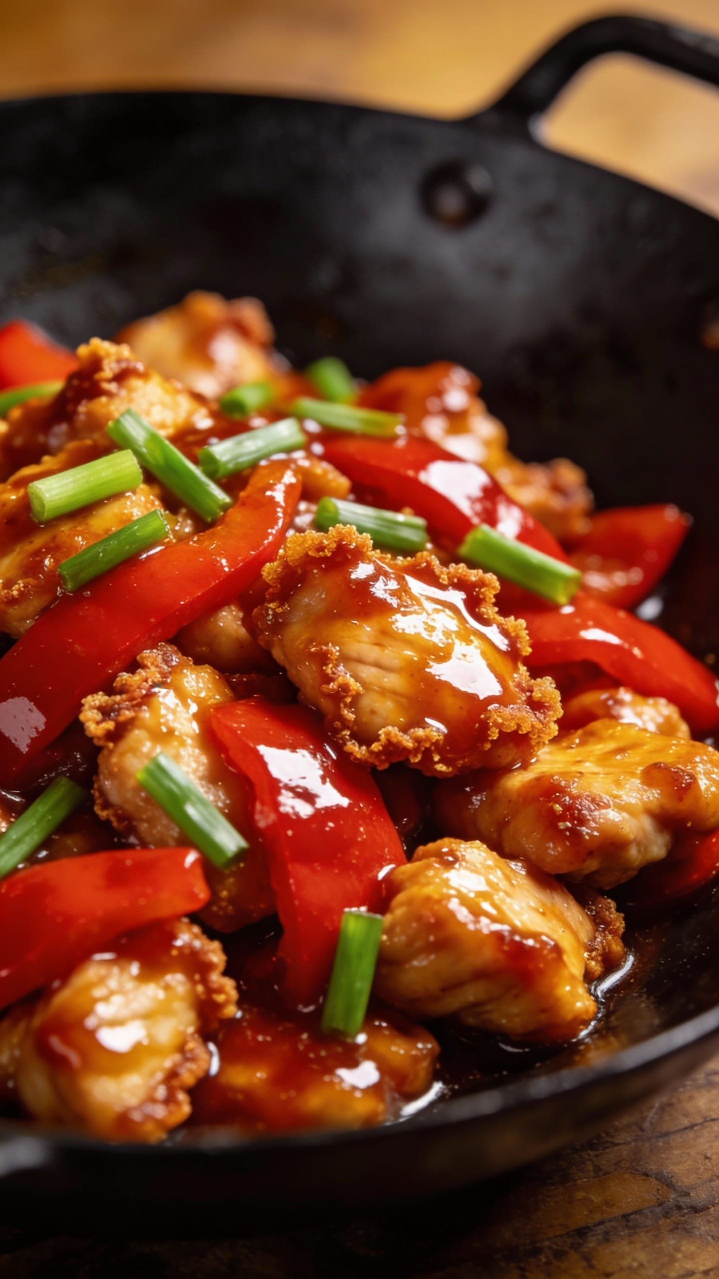 sweet chili chicken stir fry in wok, glossy sauce