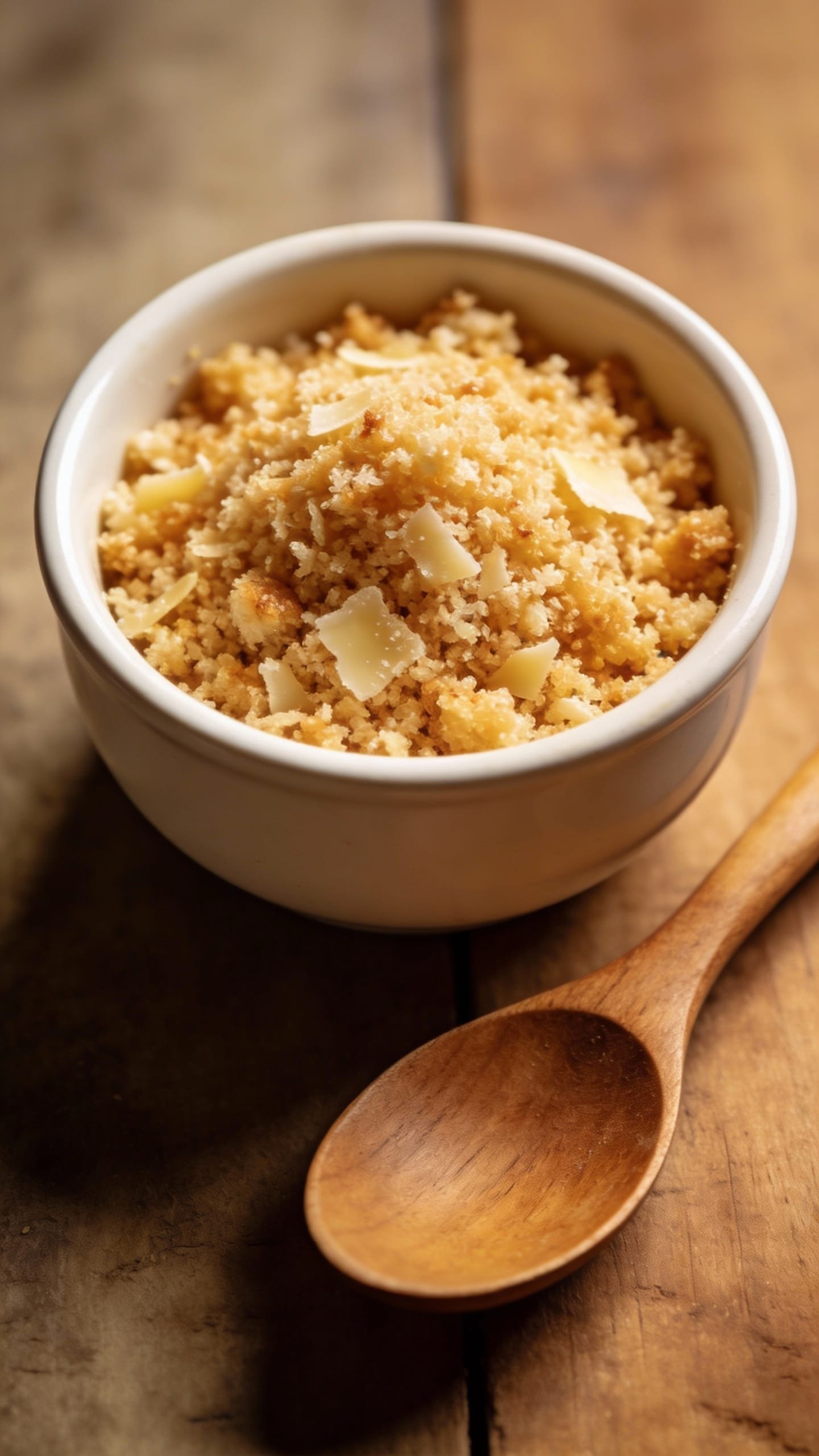 panko parmesan crumble in small bowl, wooden spoon, overhead